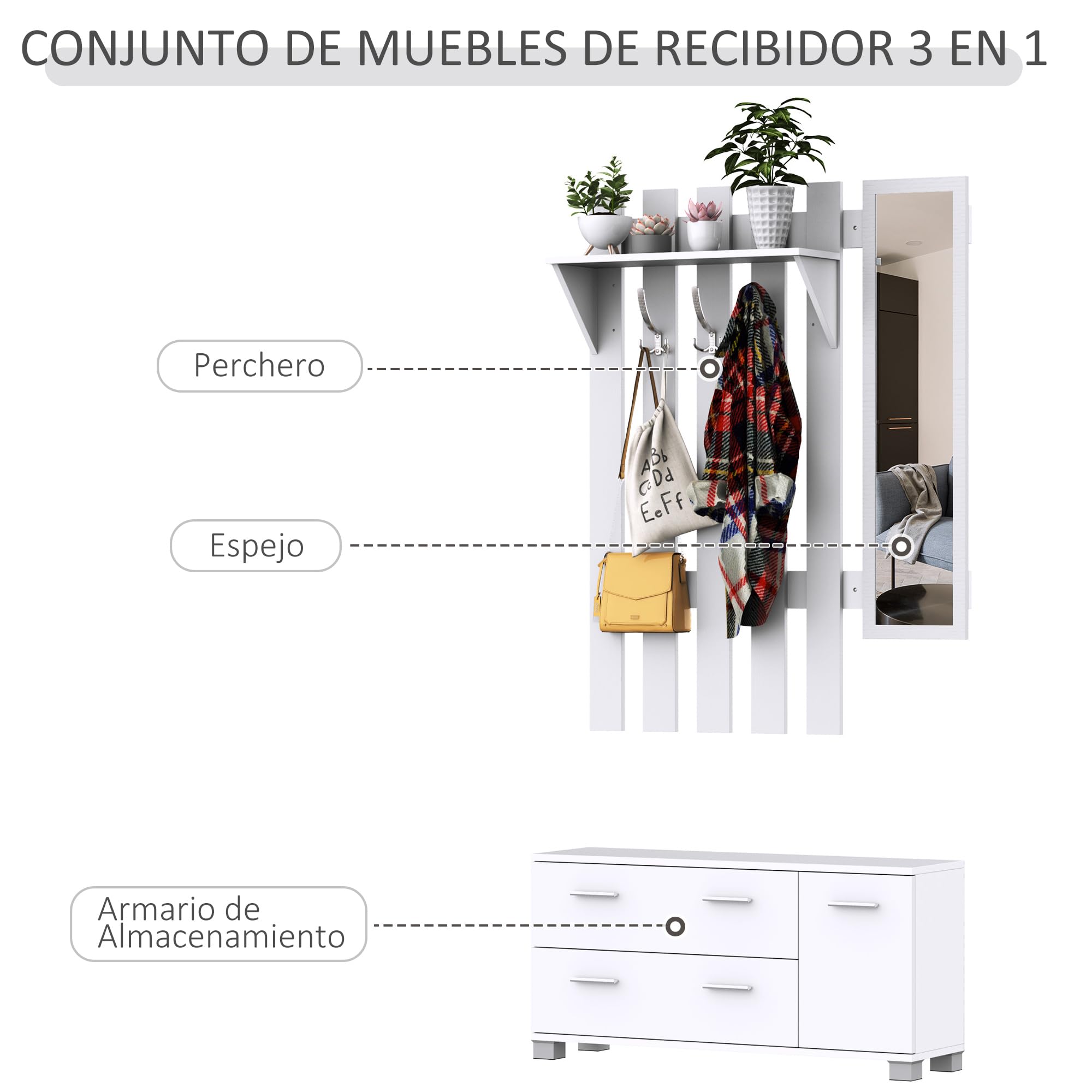 HOMCOM Conjunto de Recibidor de Entrada con Espejo Perchero y Zapatero Muebles de Entrada con 3 Ganchos Estante y 2 Cajones para Pasillo Blanco