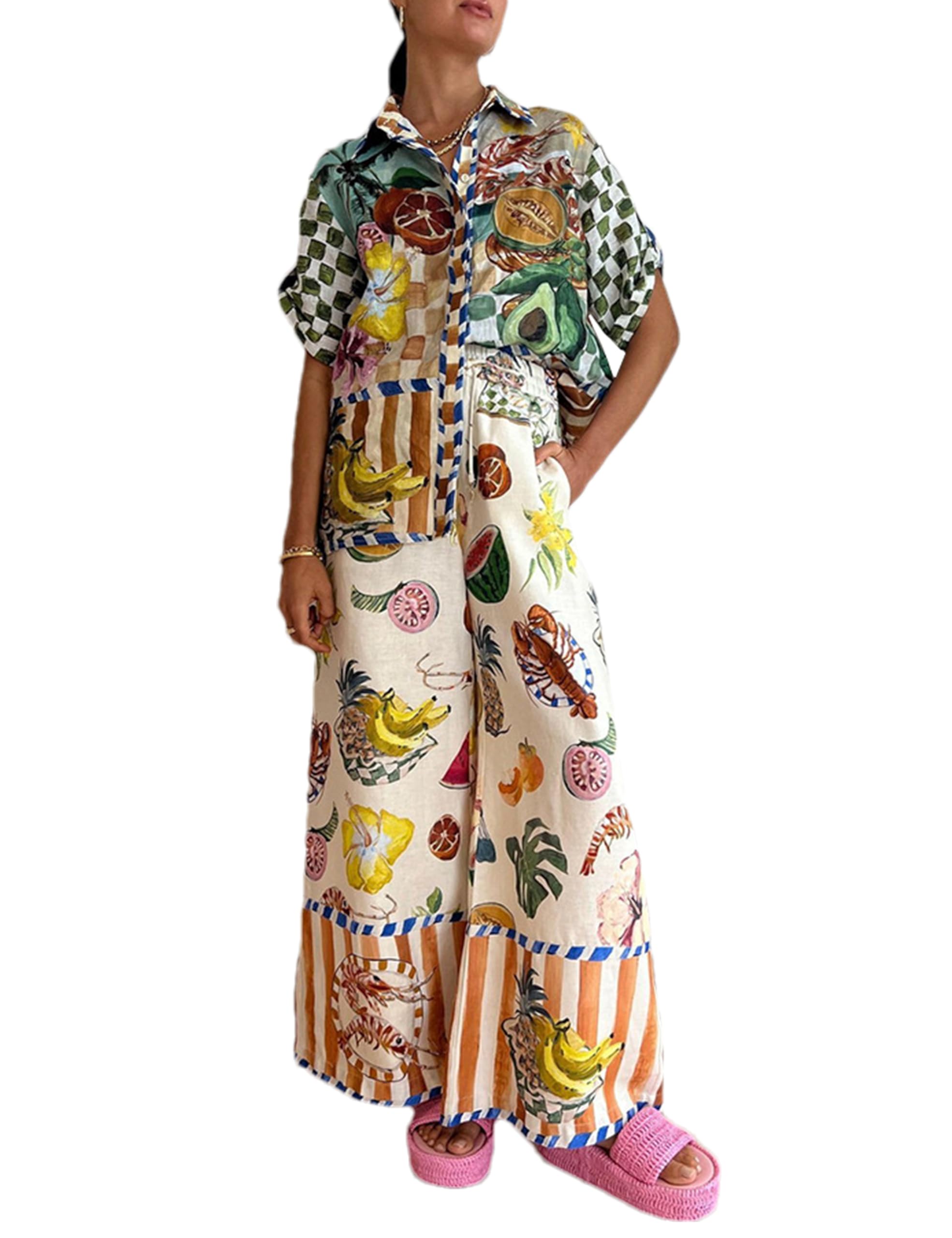 PeacegladWomen's Summer Print Two Piece Pajama Set Short Sleeve Button Down Tops Drawstring Long Pants Sleepwear Sets