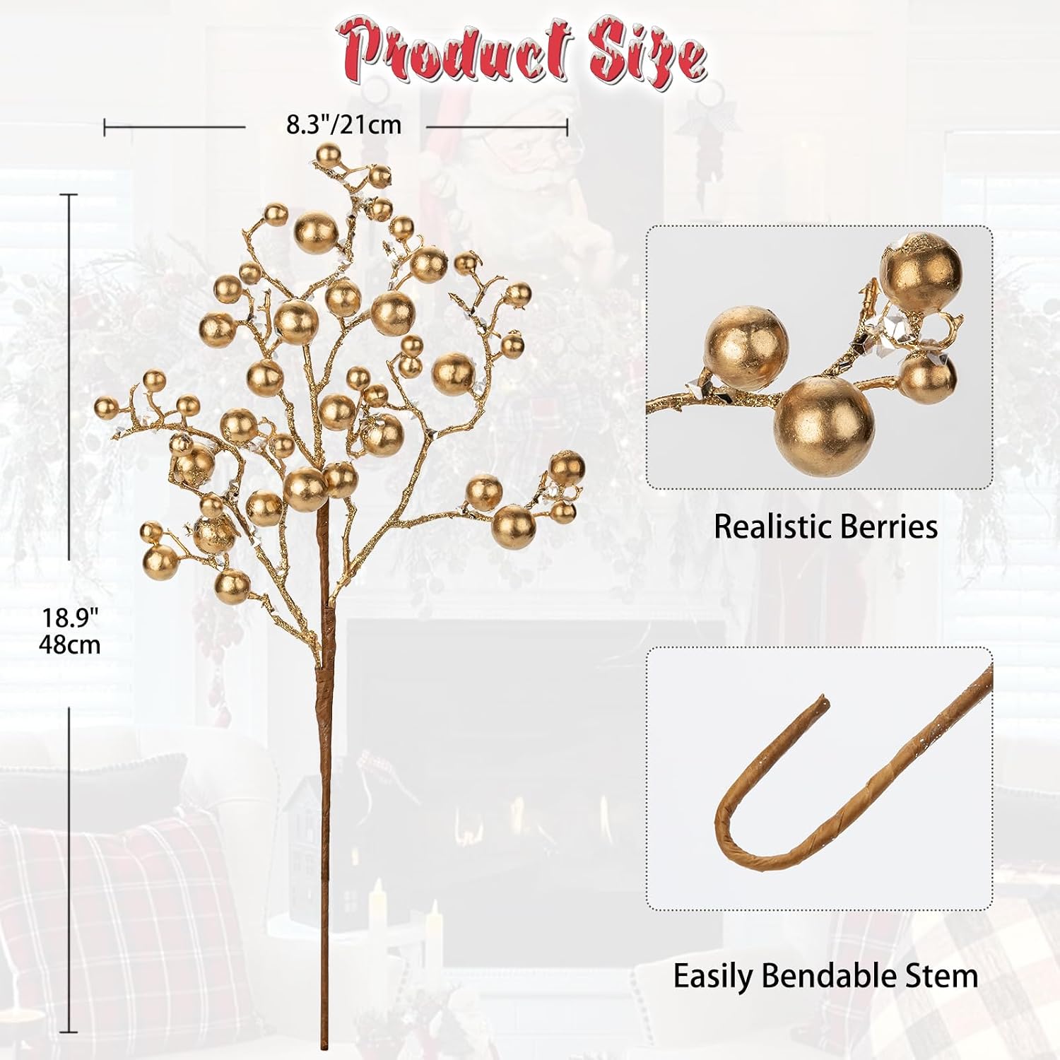 Hollyone 4 Pack Artificial Christmas Glitter Berries Stems, 19 Inch Fake Gold Holly Berry Picks with Ice Snow for Xmas Tree Wreath Floral Arrangements Holiday Home Vase DIY Crafts Decor