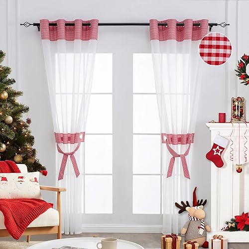 L.Z.E Cortinas blancas traslúcidas para sala de estar, cortinas a cuadros rojos de 72 pulgadas de largo, juego de 2 paneles con alzapaños en la