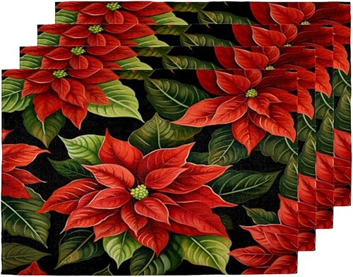 Juego de 4 manteles individuales de Navidad con diseño de flor de pascua, lavables, impermeables, para decoración de mesa de comedor, 18 x 12