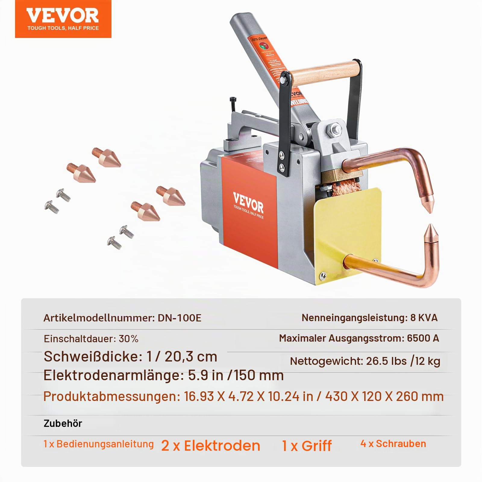 VEVOR Tragbares Punktschweißgerät, 1/8 Zoll dickes Punktschweißer mit 1,5 kVA Eingangskapazität, Schweißspitzenpistole, Metallblech-Punktschweißgerät für Kohlenstoffstahl, Edelstahl, Aluminiumblech