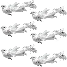 White Dove Clip-On Bird Ornaments, Set of 6 Long Tail Christmas Tree Decorations, Real Feather White Birds with Clips, 6-Inch Ornaments for Weddings, Events, Crafts, Floral Arrangements & Home Decor