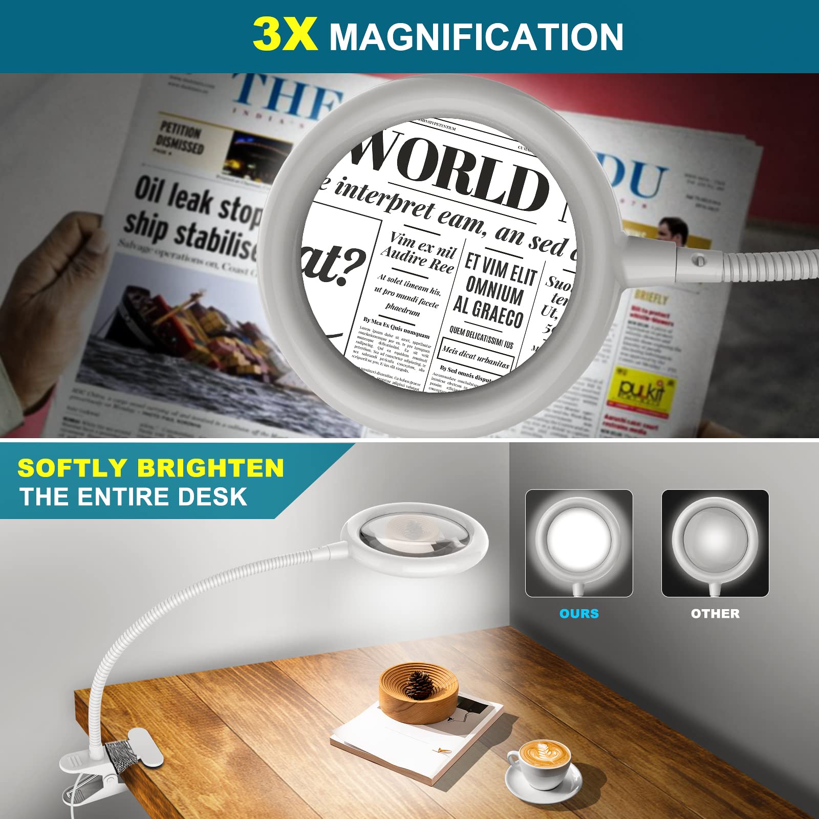 Lampe loupe 3X avec Pince USB, Lampe loupe à Pince à lumière du Jour avec 6 réglages d'éclairage réglables, loupe avec lumière LED pour Lire Les travaux manuels, Les Loisirs de Couture