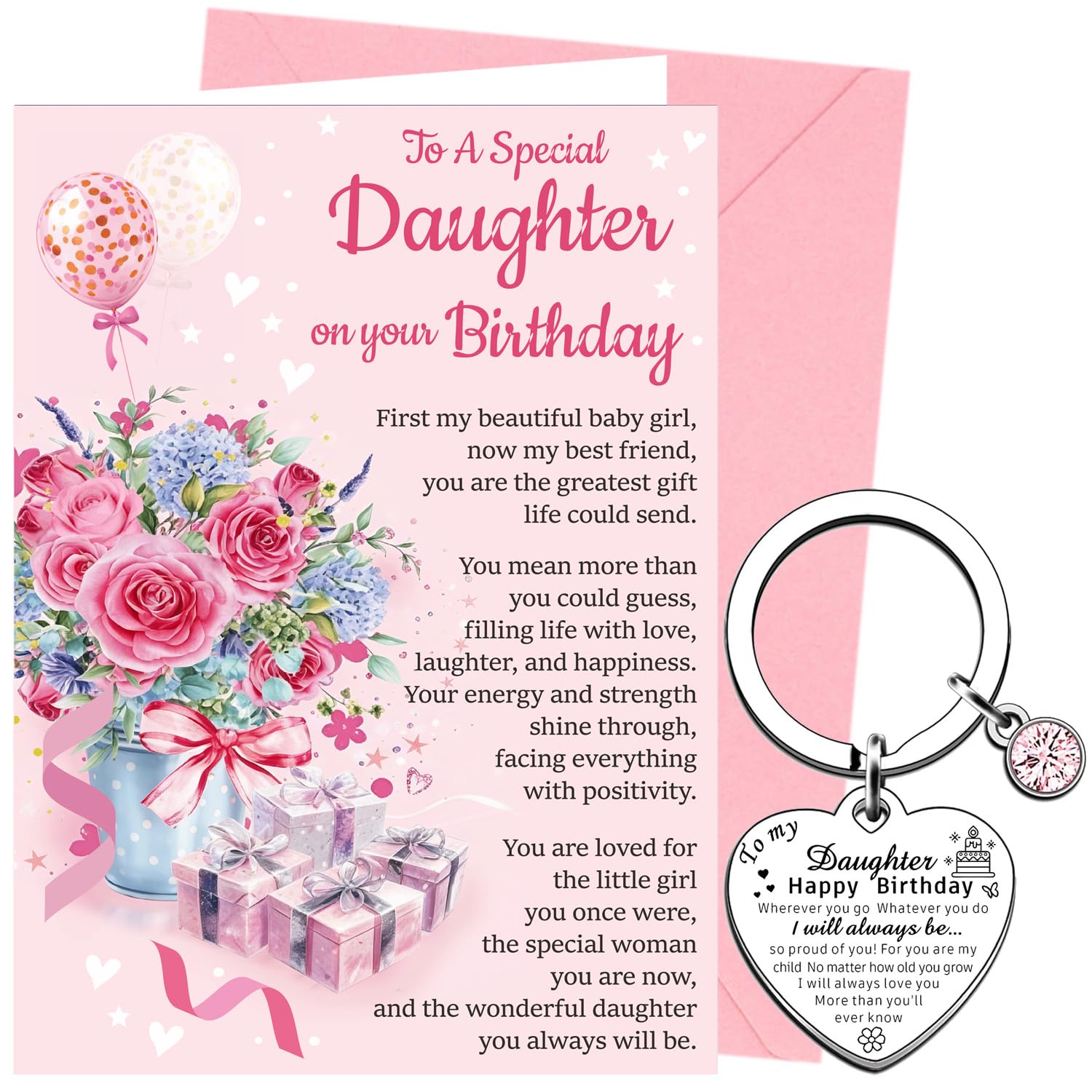 XINDY Birthday Card for Daughter, Sentimental Wording & Floral Design Happy Birthday Card Daughter Keyring Gifts for Her from Mum, Dad or Parents with Envelope