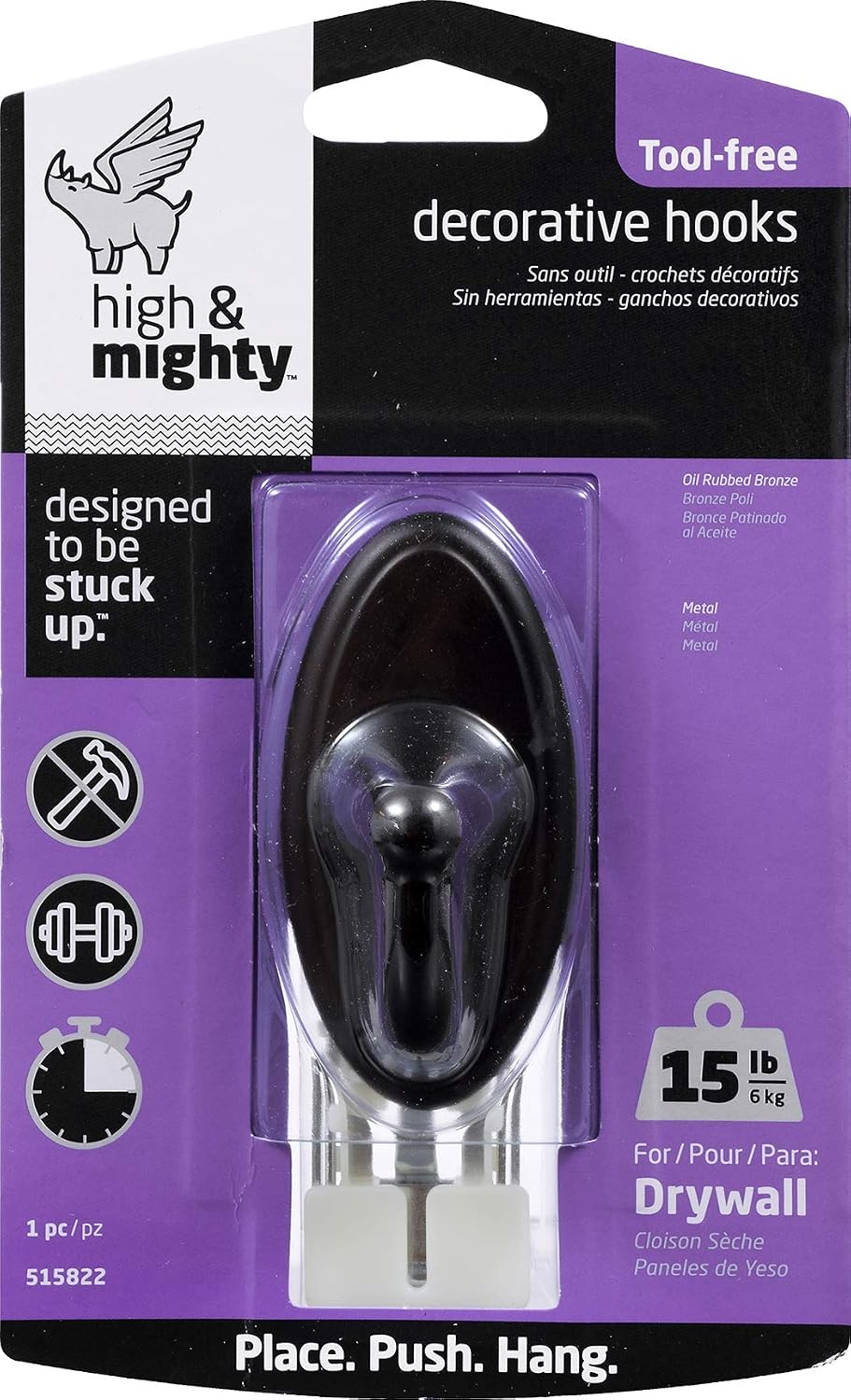 HIGH & MIGHTY 515822 Decorative Metal Hook, Easy Tool-Free Dry Wall Installation, Oval, Holds up to 15lb, Bronze (Pack of 2)