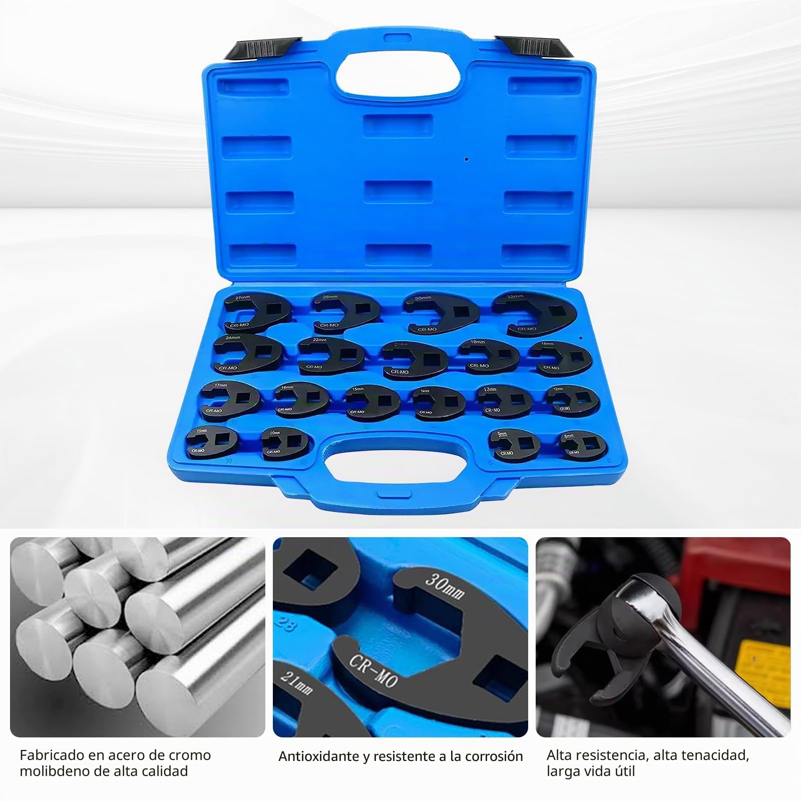 Juego de 19 llaves de tuerca acampanada de 3/8 pulgadas y 1/2 pulgadas, | 8-32 mm, acero al cromo molibdeno métrico, juego de llaves de patas de gallo