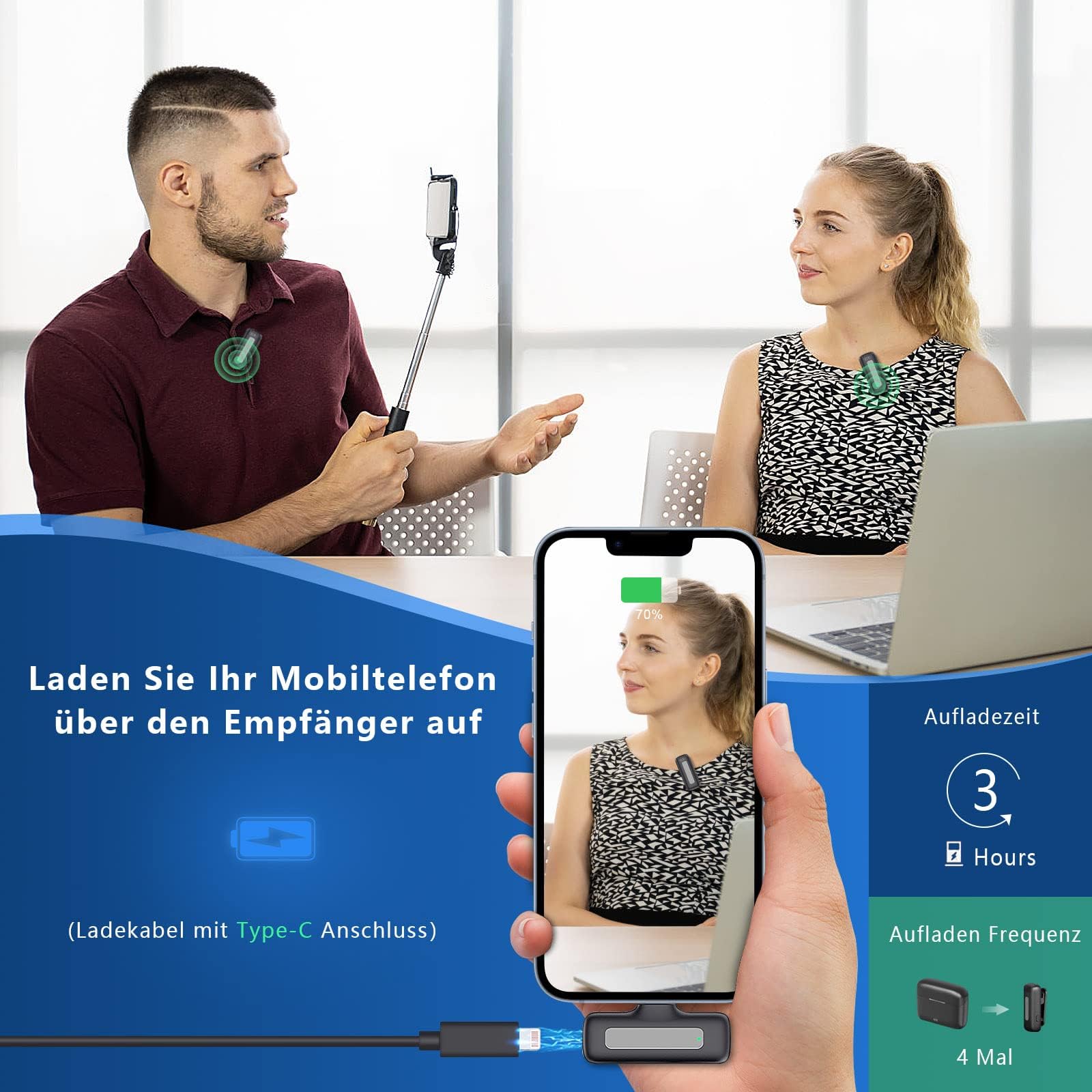 Wireless Lavalier Mikrofon mit Ladebox Ladecase, 2er Mikrofon Wireless für iPhone/iPad,Plug & Play, Rauschunterdrückung, Microphone Ansteckmikrofon für YouTube, Interview,Videoaufzeichnung