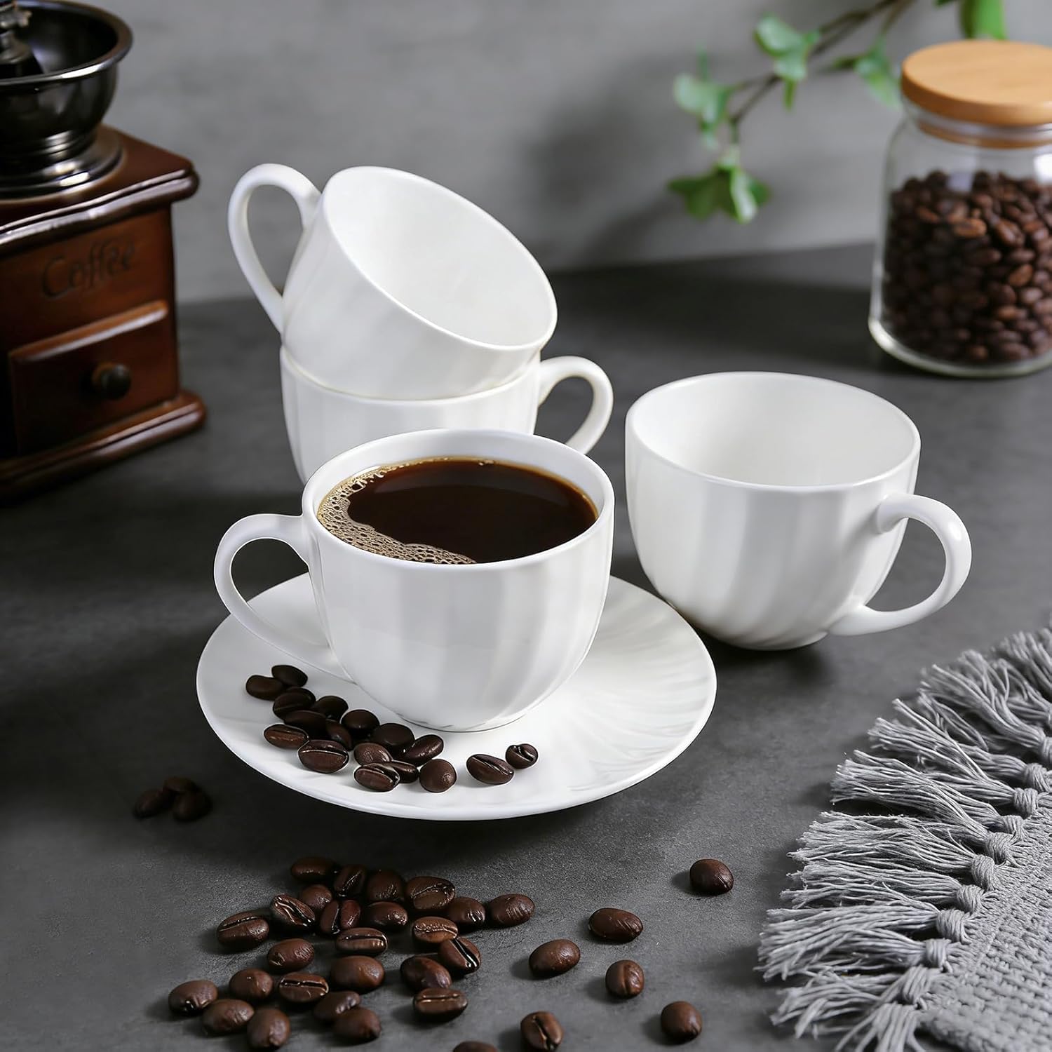 Fine Bone China Cappuccino Mugs Set of 4, 7 Oz Spiral Pattern Lightweight Ceramic, Art Coffee Cups with Saucers, for Latte, Mocha, Tea, Espresso, Macchiato, Americano