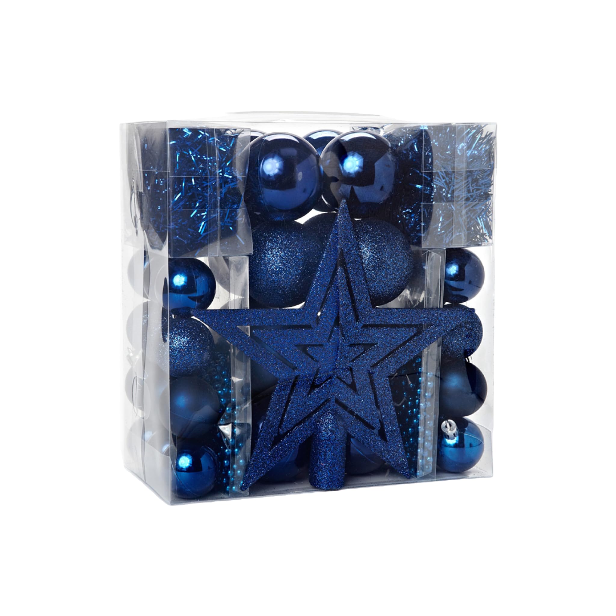HEITMANN DECO - Addobbi per albero di Natale, colore blu, 45 pezzi, con puntale, palline, catene di perle e ghirlande, in plastica