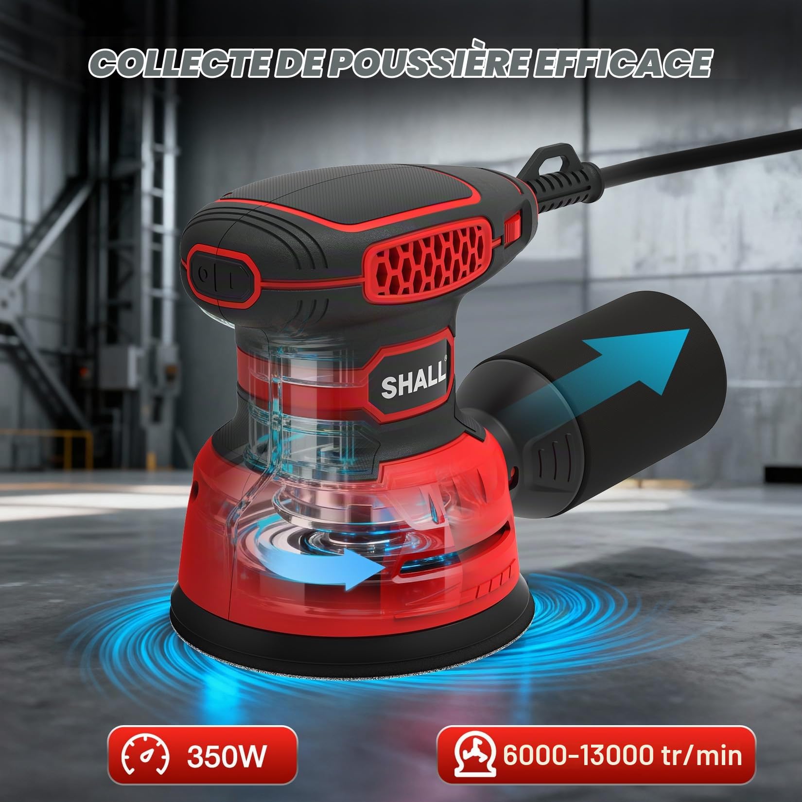 SHALL 350W Ponceuses excentrique，avec 30 feuilles abrasives, outil à main de 125 mm, fonction d'aspiration des poussières, convient au ponçage, au polissage et au travail du bois.