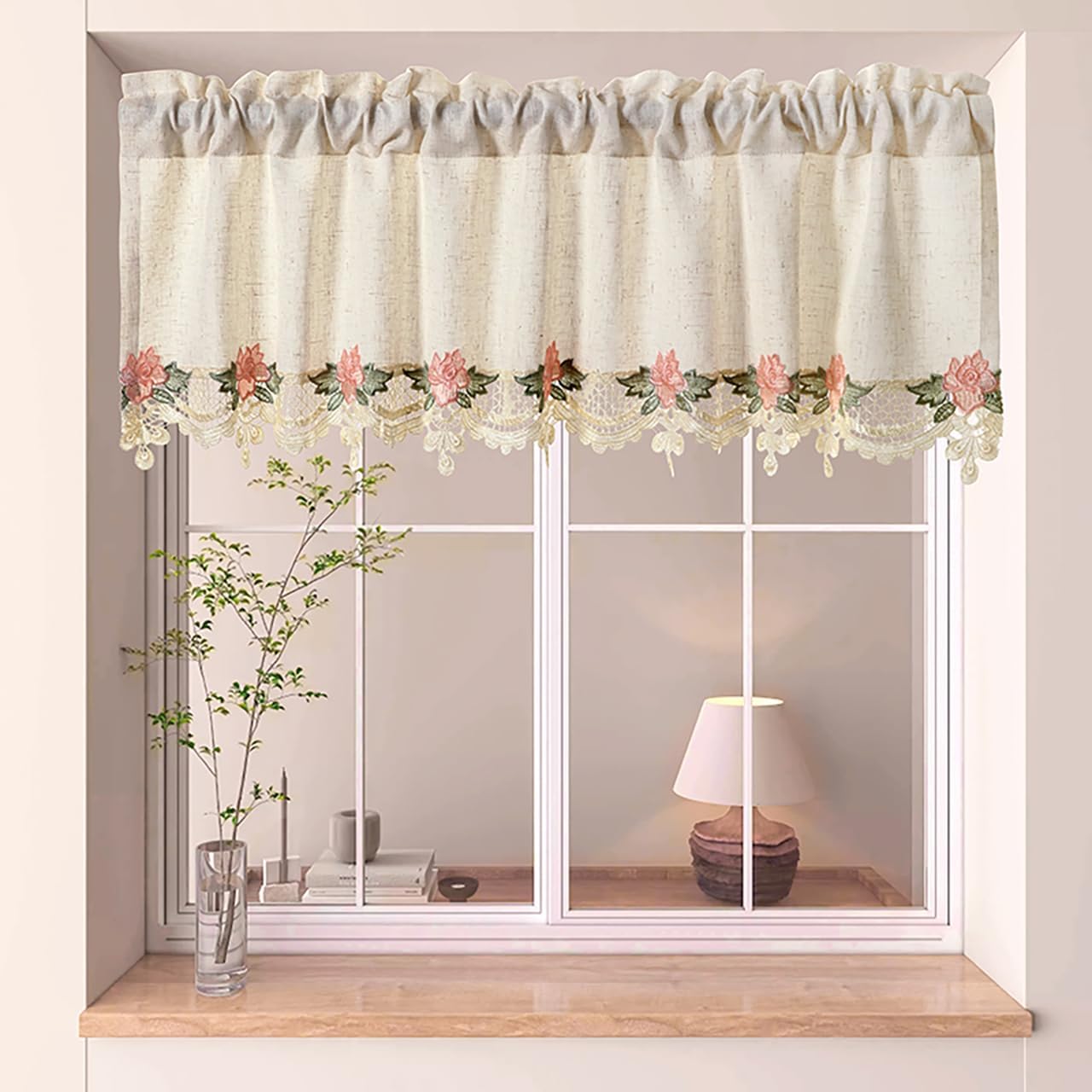 Floral Embroidered Lace Curtain Valance, 42"x18" Rod Pocket Window Valance for Kitchen Bedroom Farmhouse Decor