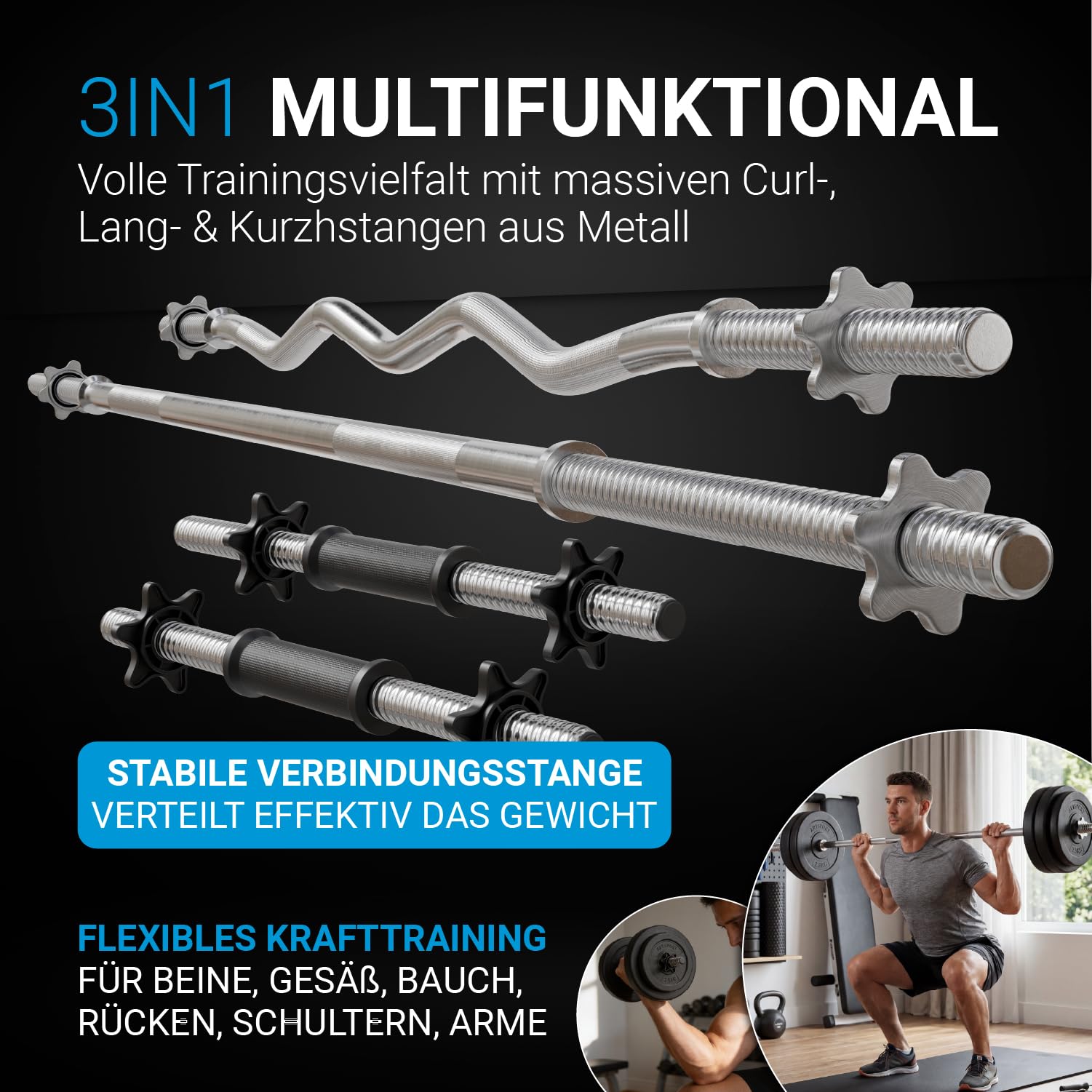 ArtSport® 3in1 Hantelset mit 2 Kurzhanteln, 1 Langhantel & 1 SZ Curlhantel - 12 Gewichte mit 60kg und Sternverschlüssen - Hantel Set Krafttraining