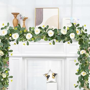 ASTRYAS 2PCS 6.23Ft Artificial Eucalyptus Garland with Flowers, White