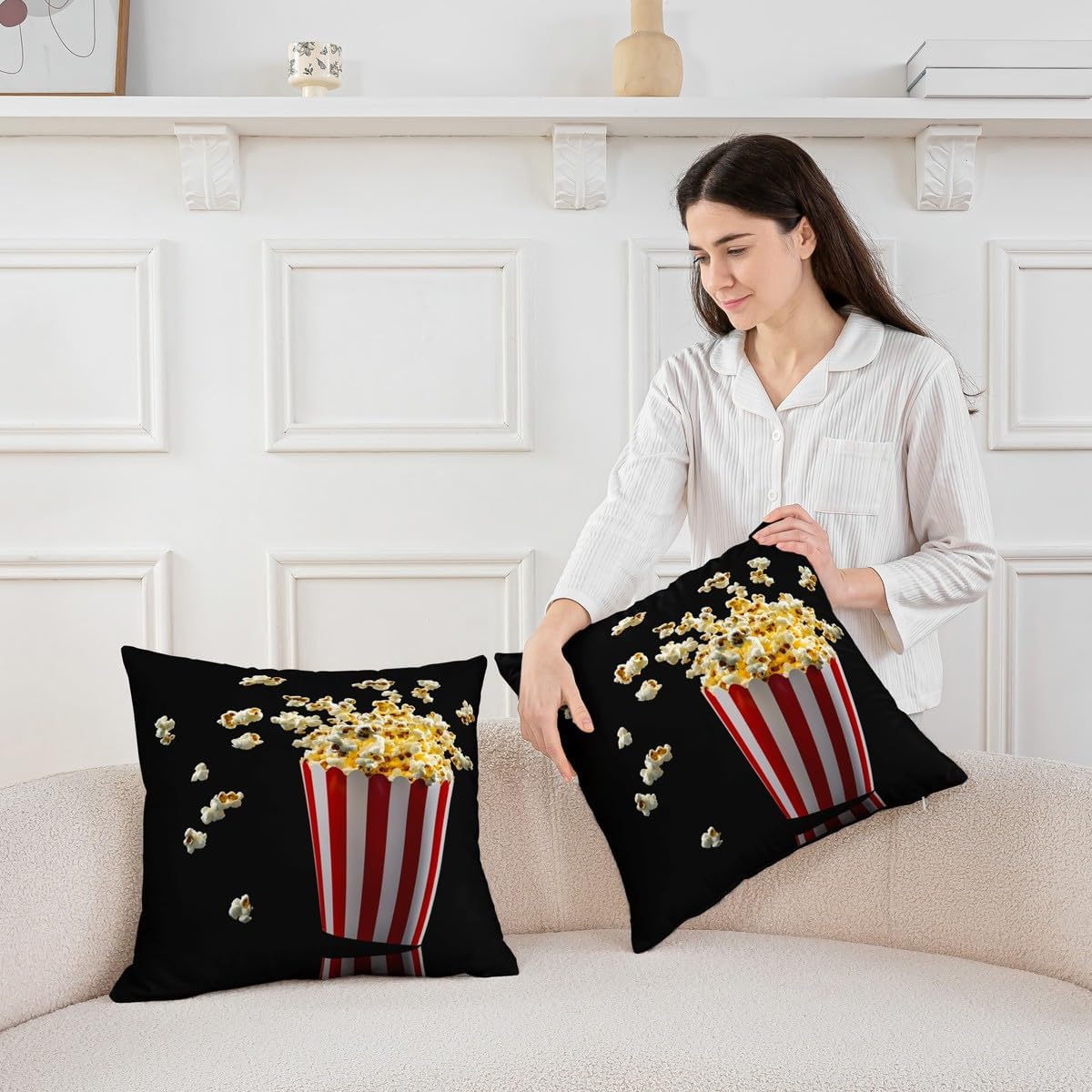 Pack of 4 Flying Popcorn Throw Pillow Covers 16x16 Paper Striped Bucket Pillow Covers Movie Tv Show Theme Night Cushion Covers Red White Delicious Food Black Yellow Decorative Pillow Covers