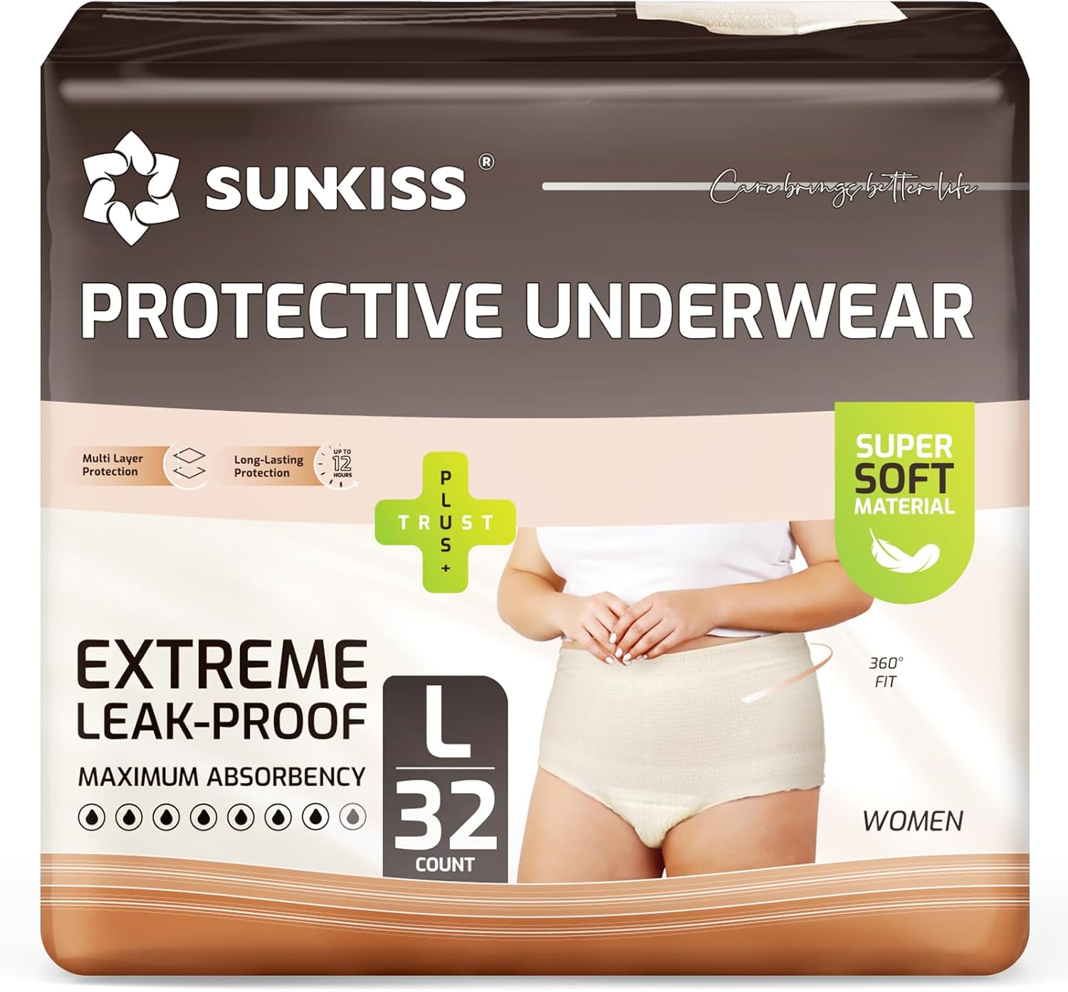 SUNKISS Women Incontinence Underwear, Daytime Disposable Postpartum Adult Panties, Protective Pull Ups with Maximum Absorbency, Large, Beige, 32 Count Large 32