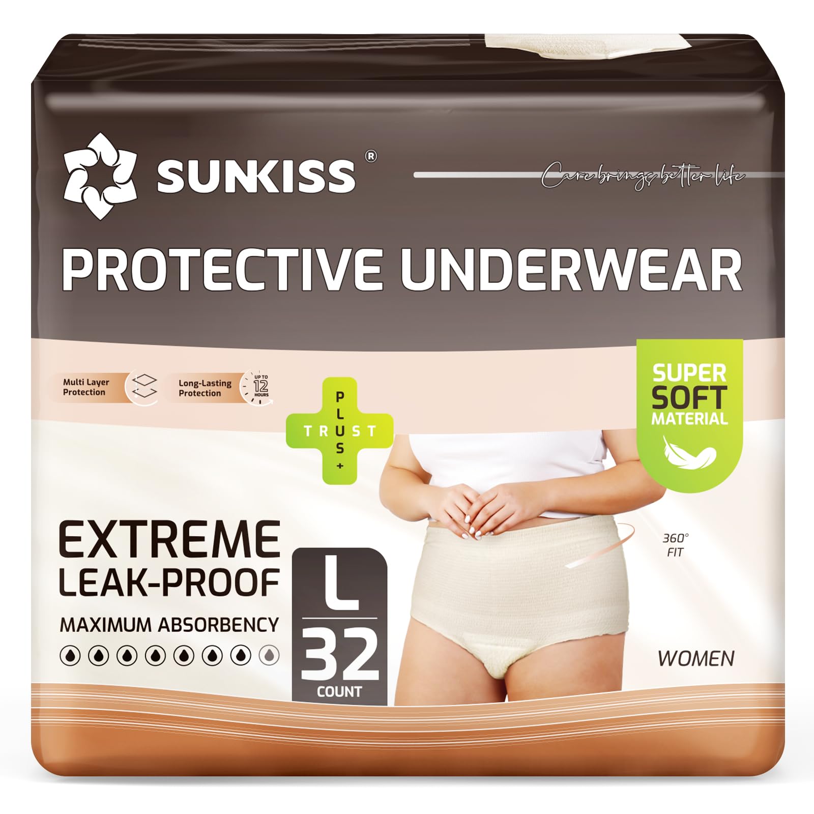 SUNKISS Women Incontinence Underwear, Daytime Disposable Postpartum Adult Panties, Protective Pull Ups with Maximum Absorbency, Large, Beige, 32 Count
