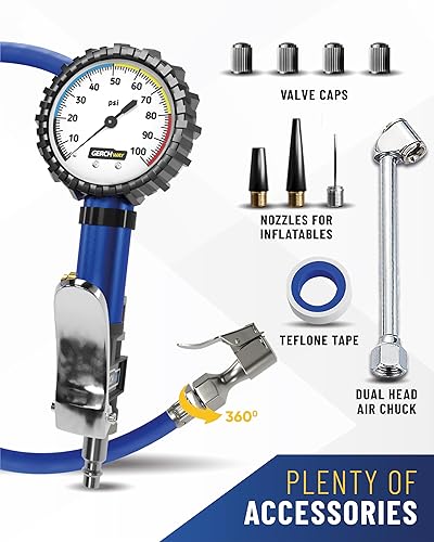 Miniatura 8 de Inflador de neumáticos con manómetro y manguera más larga, portabrocas de aire más preciso y resistente con medidor para compresor de aire,