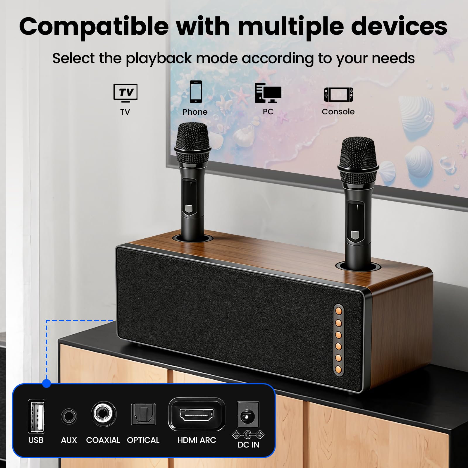 CT-380 Altoparlante Bluetooth 40W 2.0 Canali con Microfono Senza Fili Multi-Input (Ottico/Coassiale/HDMI ARC/AUX/USB) per Karaoke Casa TV/Party