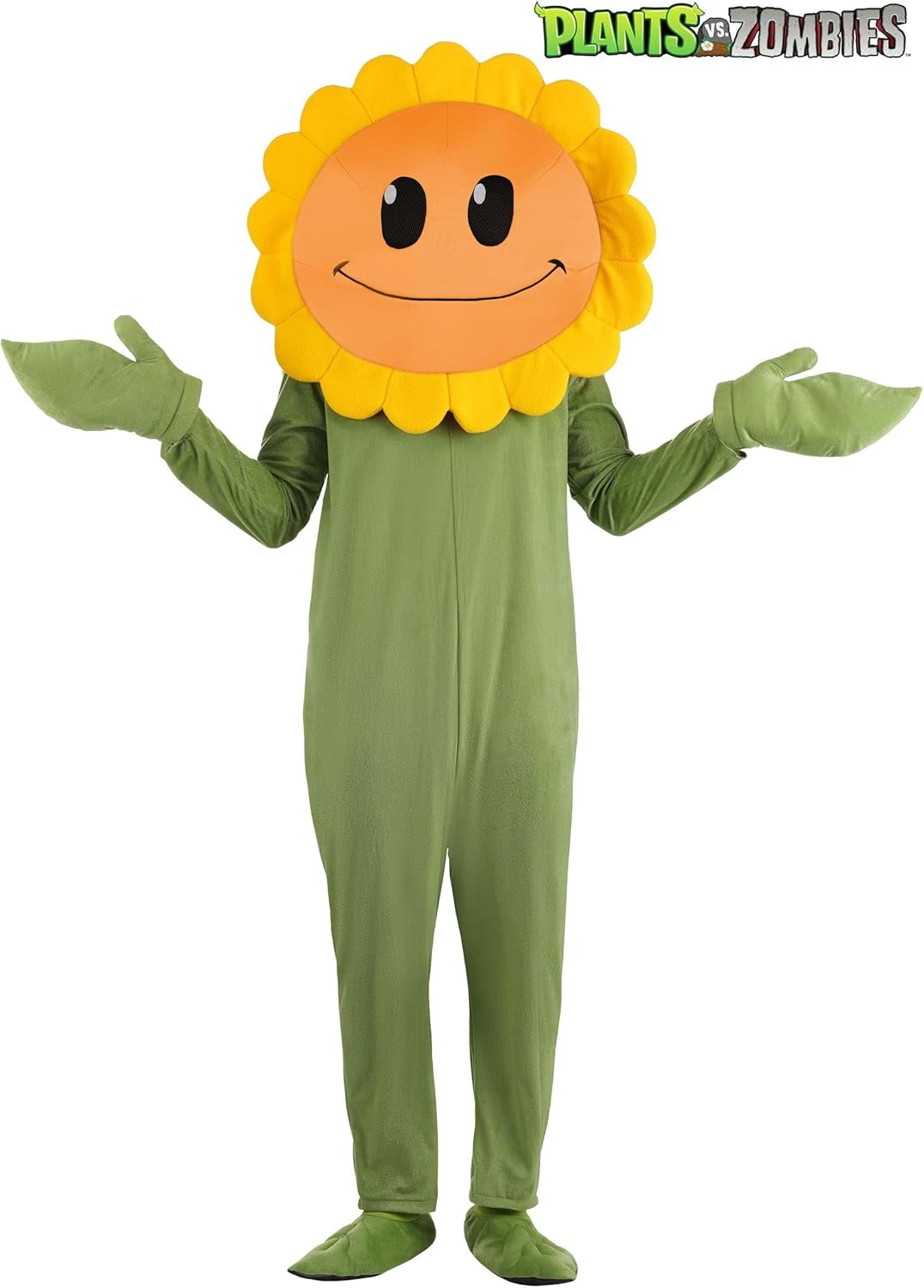 Adult Plants Vs. Zombies Sunflower Costume - Velour Jumpsuit, Headpiece, Mitts, Booties - Video Game Halloween Costume