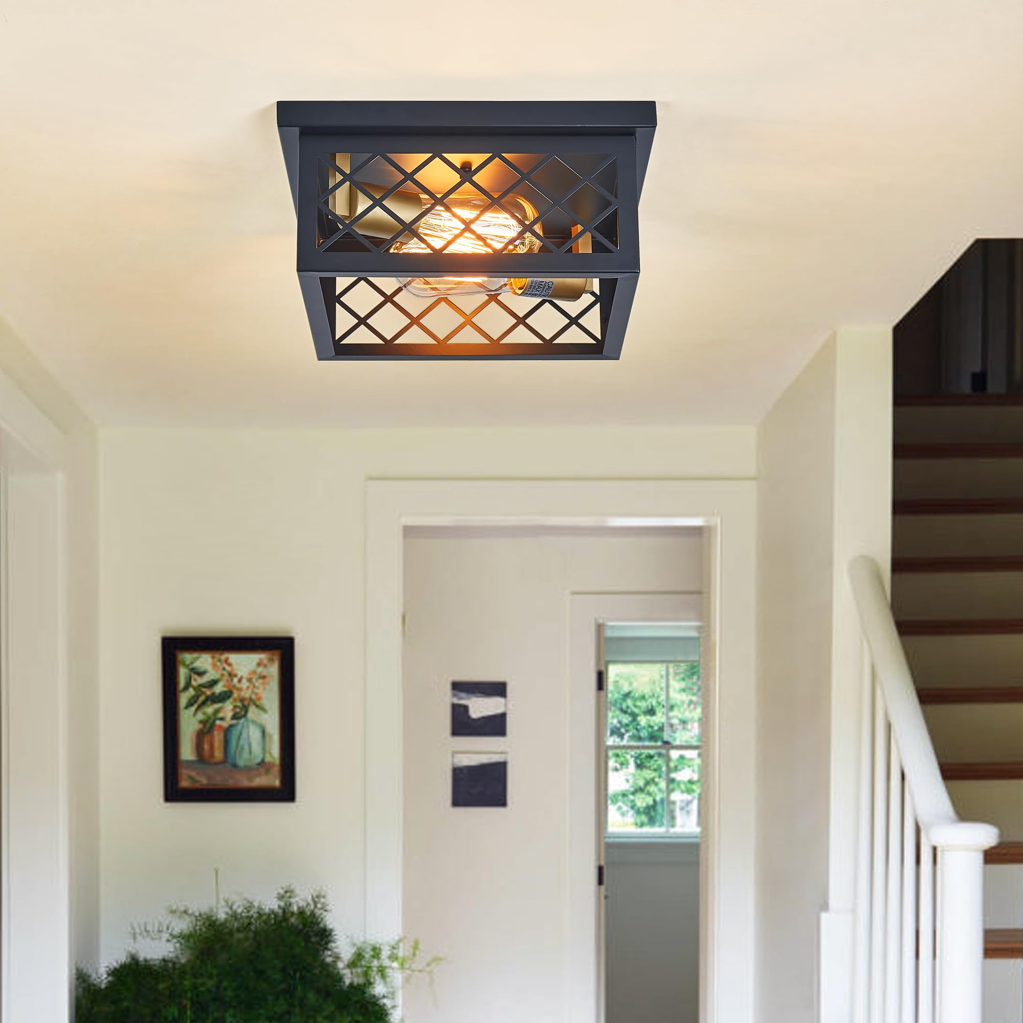 11" Square Metal Flush Mount Ceiling Light 2-Light E26 Grids Industrial Farmhouse Fixture Lighting in Matte Black Finish,Suit for Your Kitchen Entryway Hallway Livingroom Bedroom.
