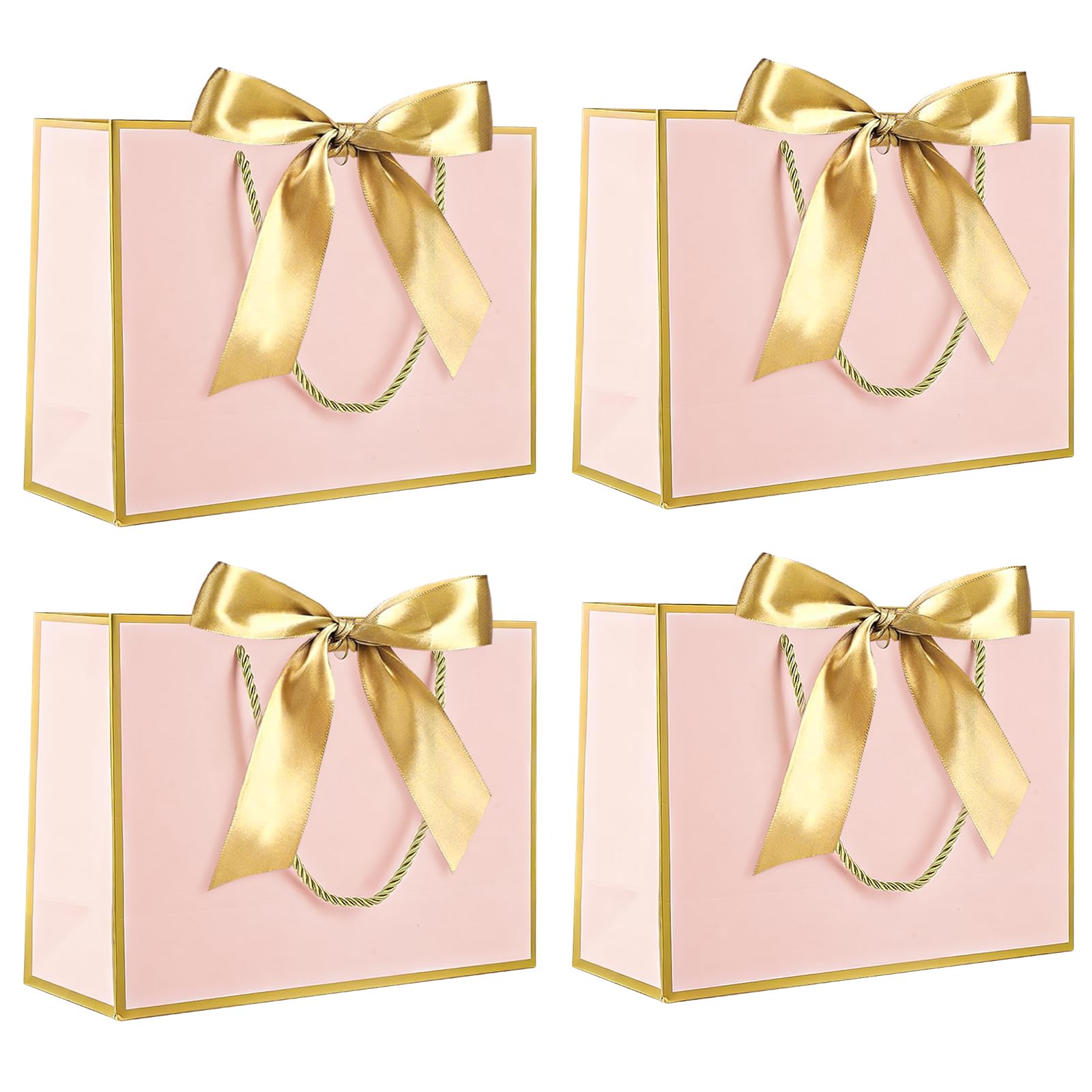Yiran 4Pcs Medium Pink Gold Gift Bag with Greeting Handles and Ribbon for Girls Womens Valentines Wedding Christmas Party Favors Goodie Wrapping Bag Decorations Supplies — image 1