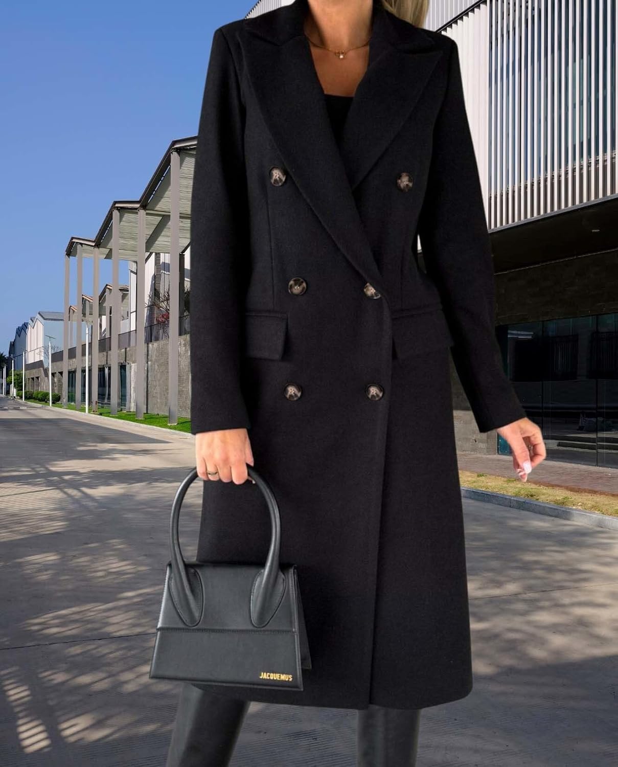 Womens Solid Color Double Breasted Medium Length Slim Coat Winter Casual Lapel Wool Jacket Coat - Image 4