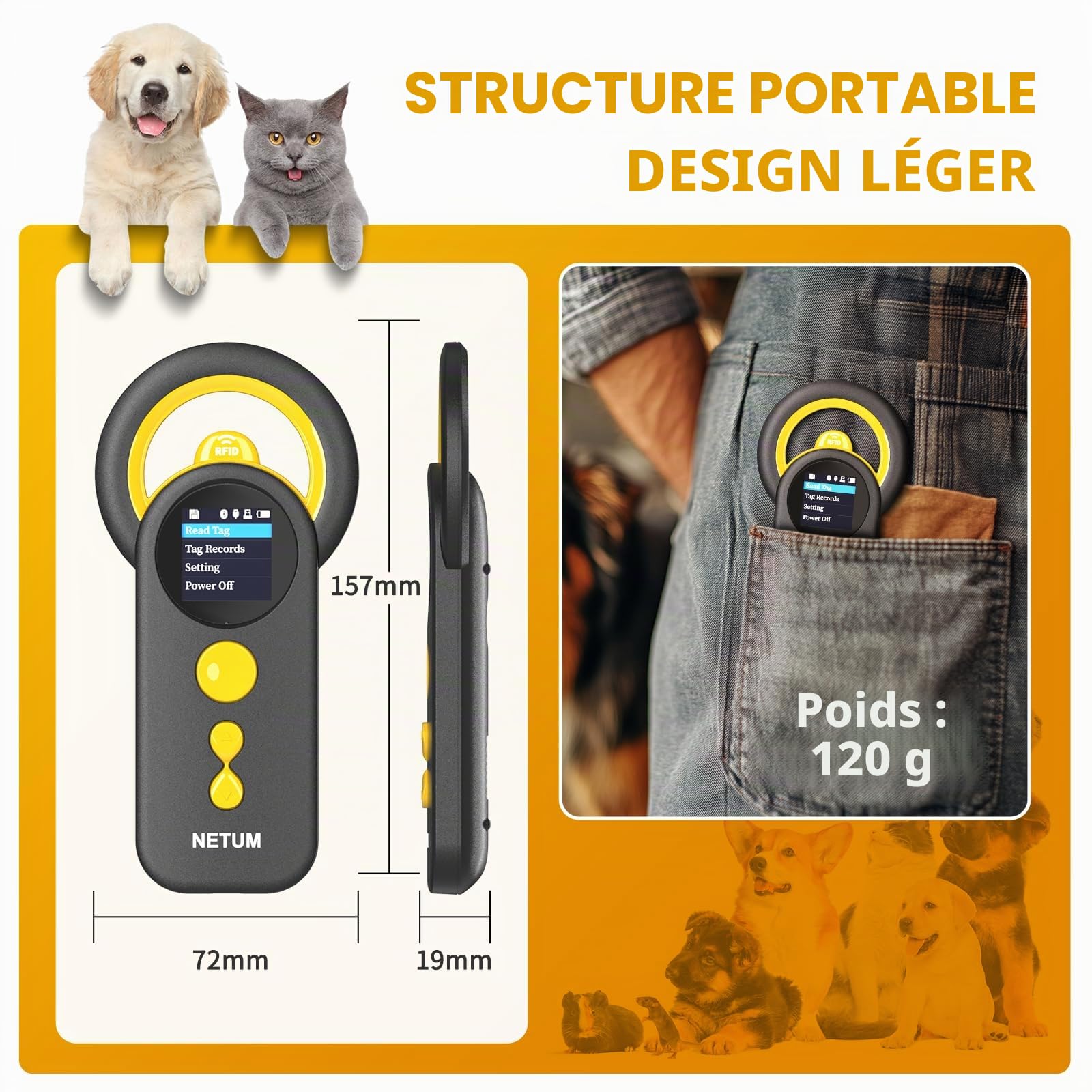 NETUM Lecteur de Puces Bluetooth pour Animal Domestique, 3 en 1 sans Fil, Lecteur Universel de Micropuce pour Animaux avec Écran TFT de 1,44", Batterie Rechargeable de 1200 mAh, Stocke jusqu'à 20 000