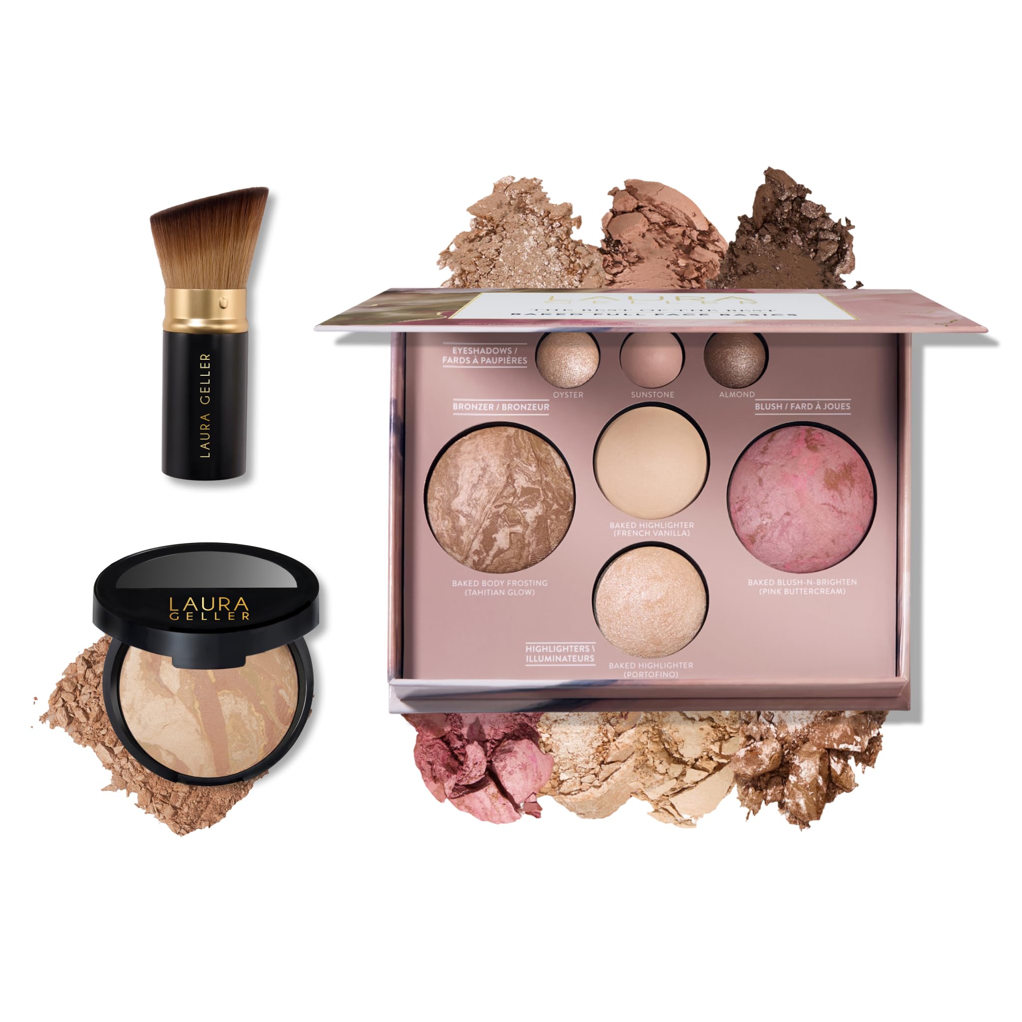 LAURA GELLER Baked Starter Kit: Balance-n-Brighten Powder Foundation, Light + The Best of The Best Palette + Retractable Angled Kabuki Brush Set 03 Light
