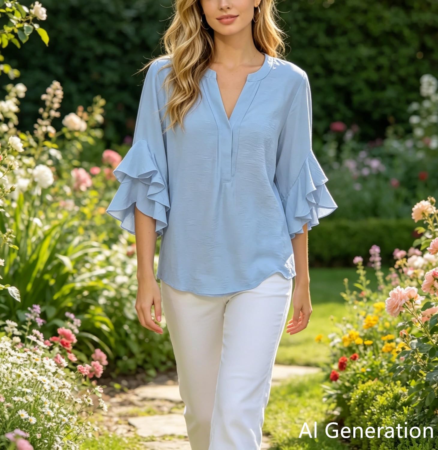 Blusa de Mujer de Tallas Grandes con Cuello en V, Mangas Tres Cuartos y Volantes, Color Liso, Estilo Casual y Holgado.