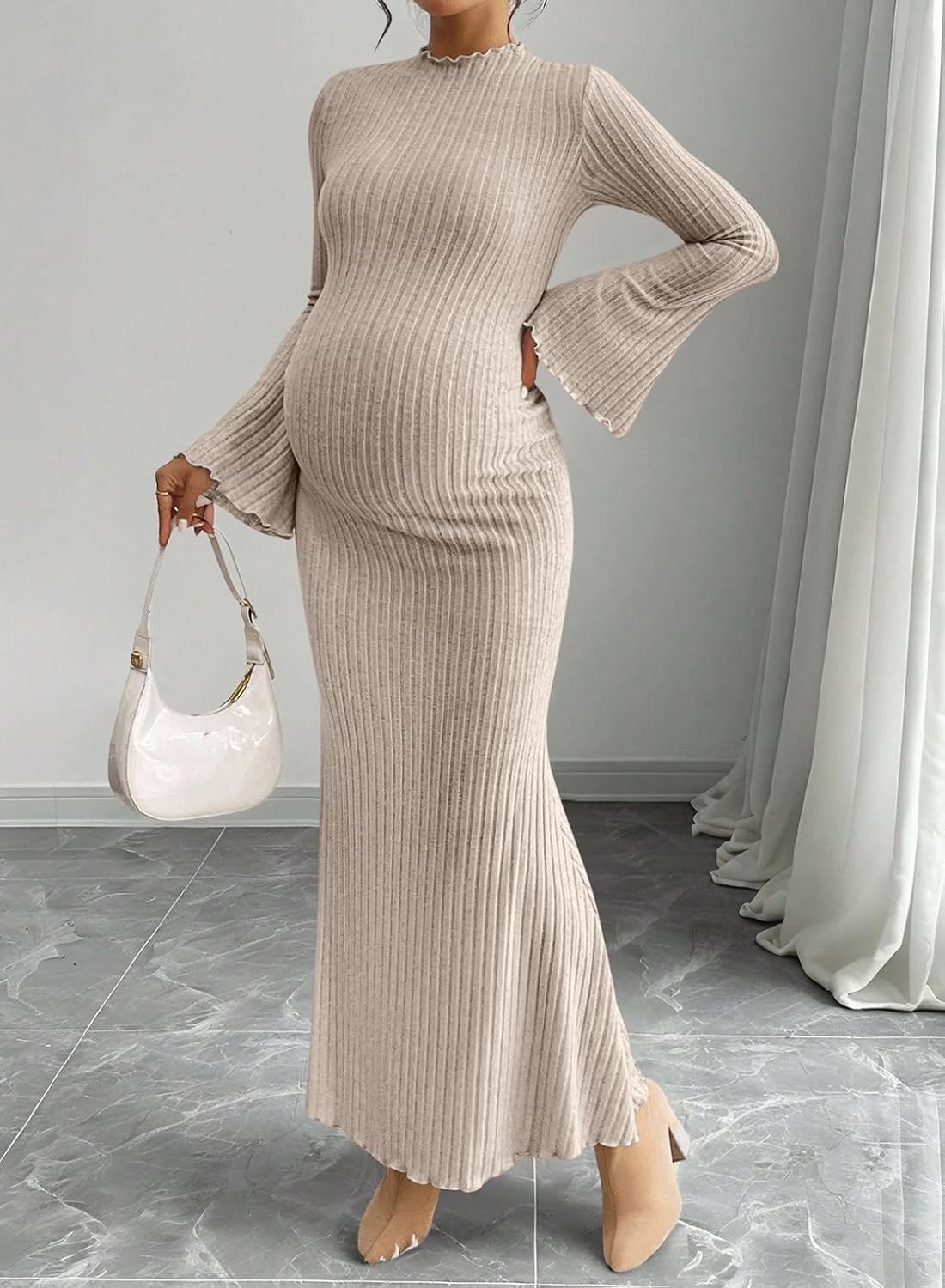 BLENCOT Ribbed Knit Maternity Dresses Fall Bell Long Sleeve Ruffle Neck Pregnancy Bodycon Sweater Dress