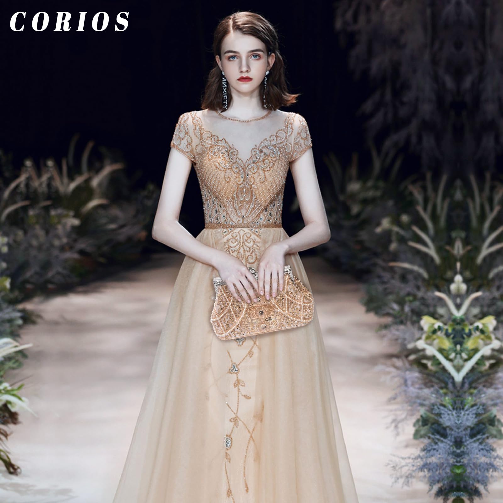 CORIOS 1920s Vintage Beaded Evening Bag for Women Pearl Clutch Bag Sequin Handbag Bridal Wedding Purse Exquisite Handmade Embroidery Shoulder Bag Glitter Crossbody Bag for Cocktail Prom Party Pink