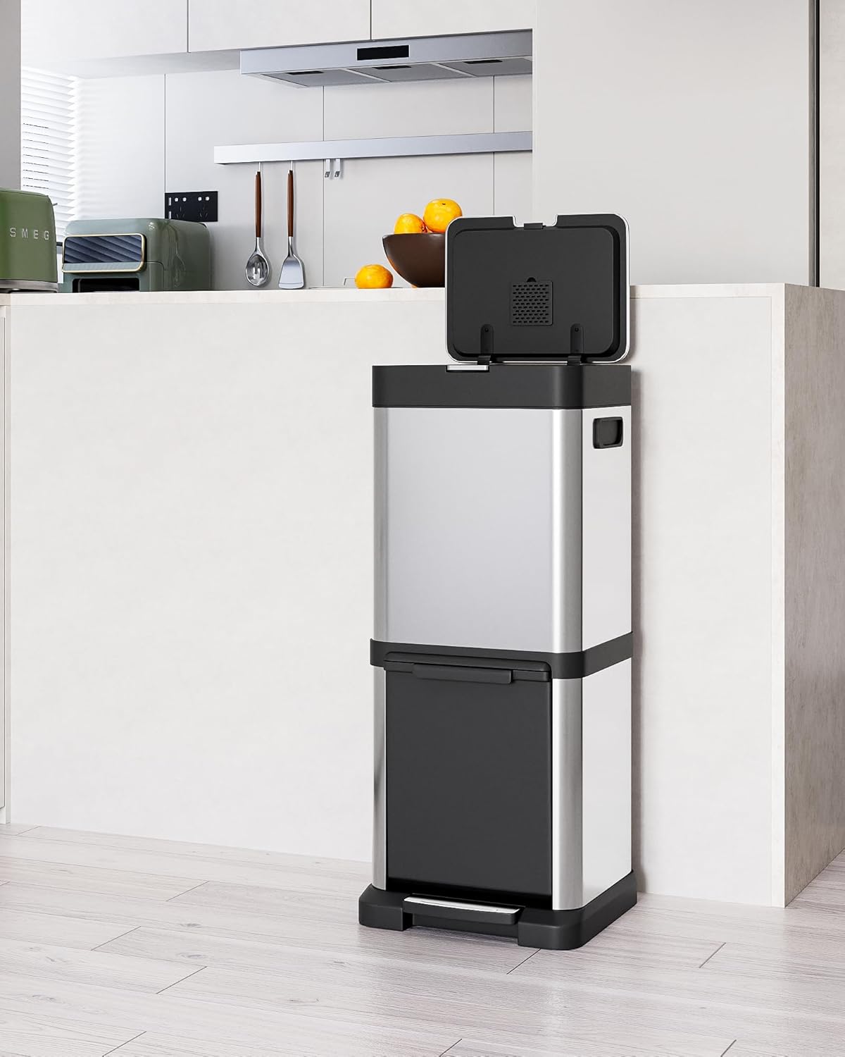 Vertical Trash Can - 2 Tiers 9 Gal Stainless Steel Tall Trash Can with Recycle Combo for Office Indoor