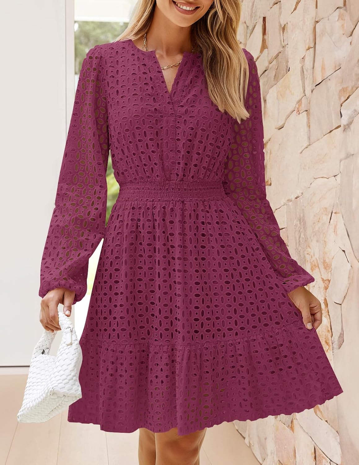 ZESICA Women's 2026 Long Sleeve Mini Dress Fall V Neck Hollow Out Eyelet Embroidery Ruffle A Line Swing Short Dresses - Image 3