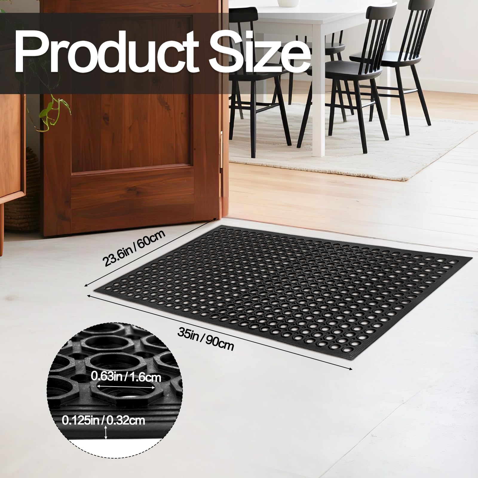 Anti Fatigue Rubber Floor Mats, 24 x 36 Inch Non-Slip Restaurant Mat Door Mat Drainage Mat for Indoor Outdoor Wet Area, Pool Entry, Garden - Black