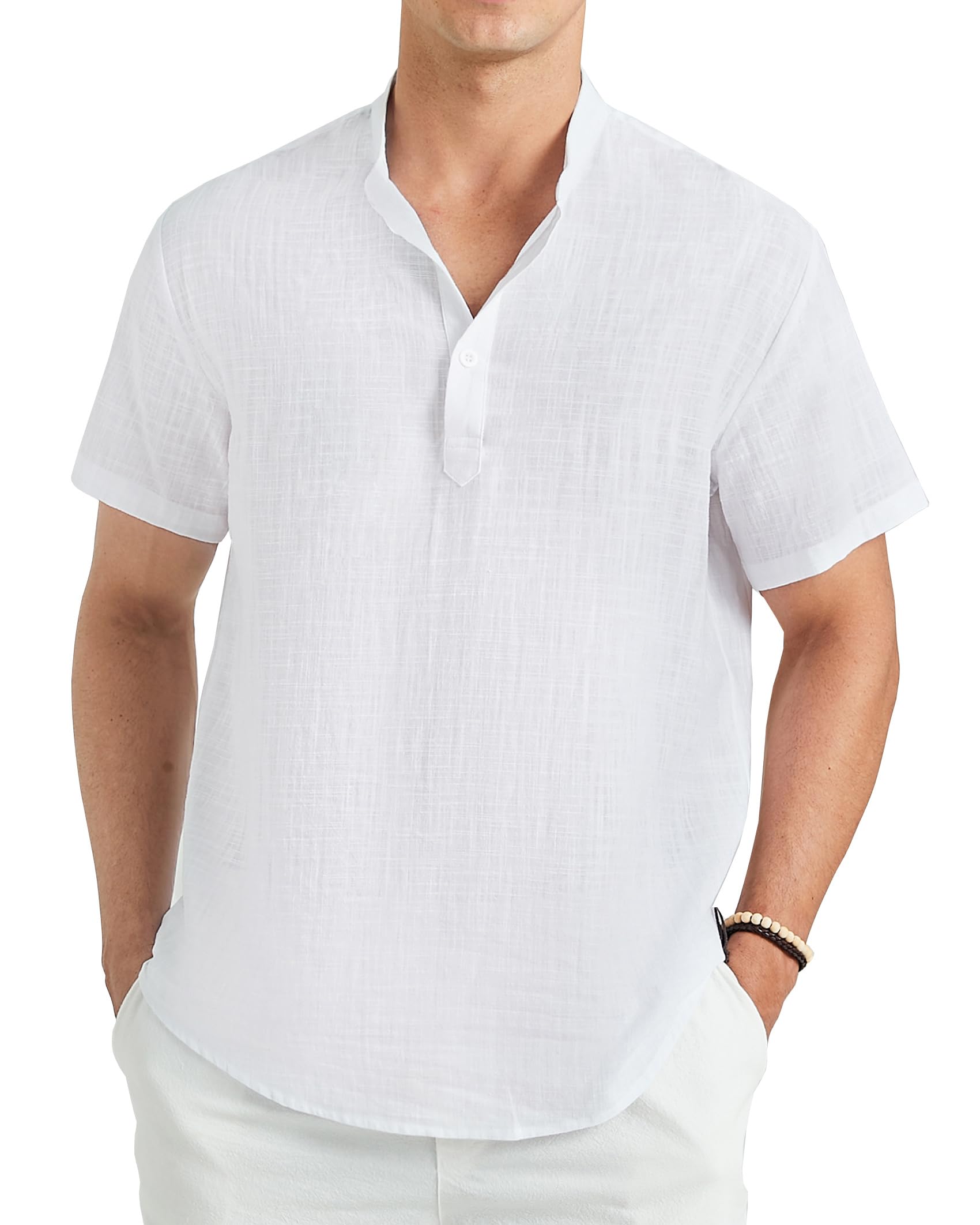 Enlision Camisa Lino Hombre Manga Corta Sin Cuello Camisas Casual para Hombres Informal Verano Henley Color Sólido Camisetas con Botónes Tops S-4XL