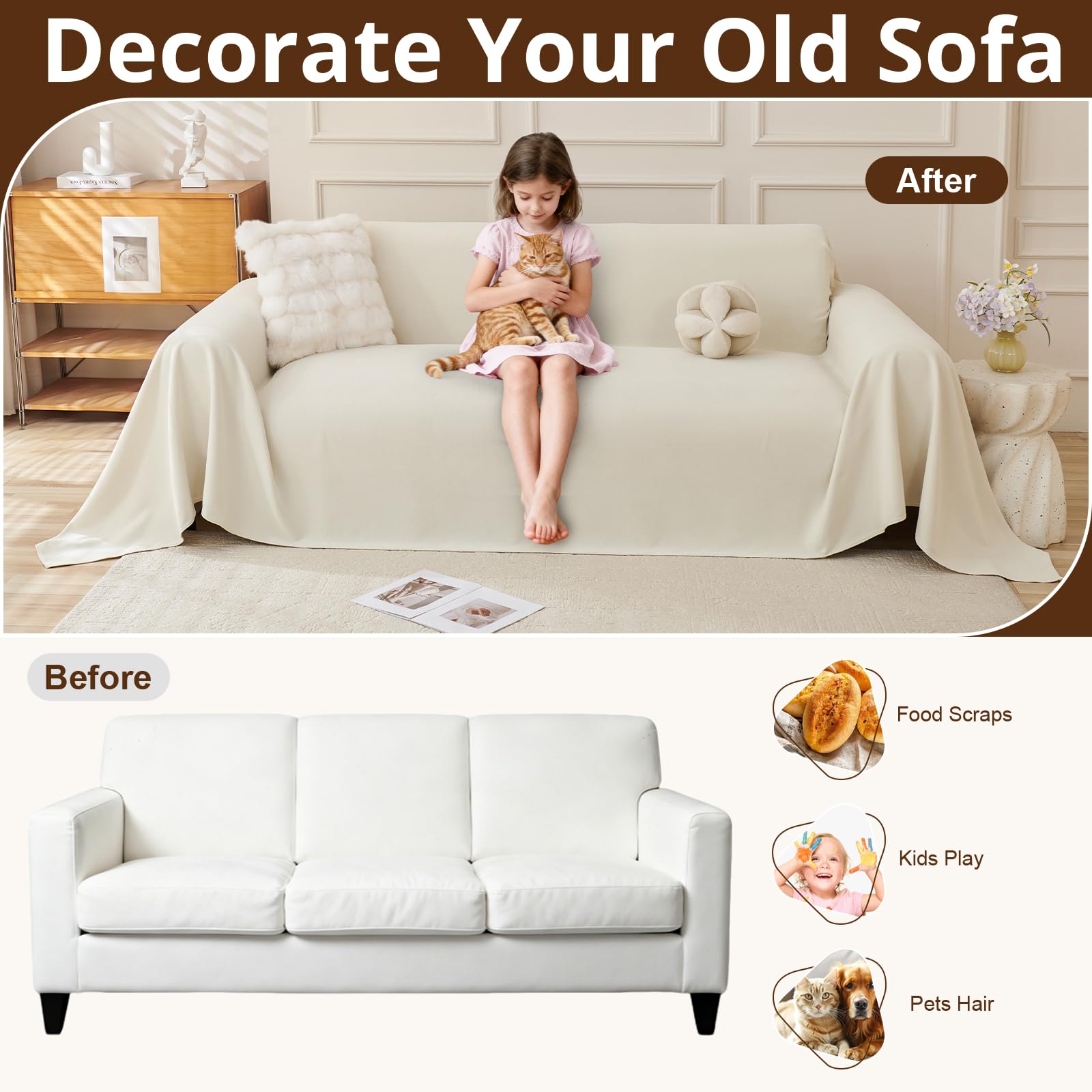 Royhom Telo Copridivano 4 Posti Impermeabile, Copridivano Antigraffio Gatto, Telo Impermeabile Divano, Ideale per Cani, Gatti e Bambini, Morbida e Comoda(Beige, 180x380 cm)