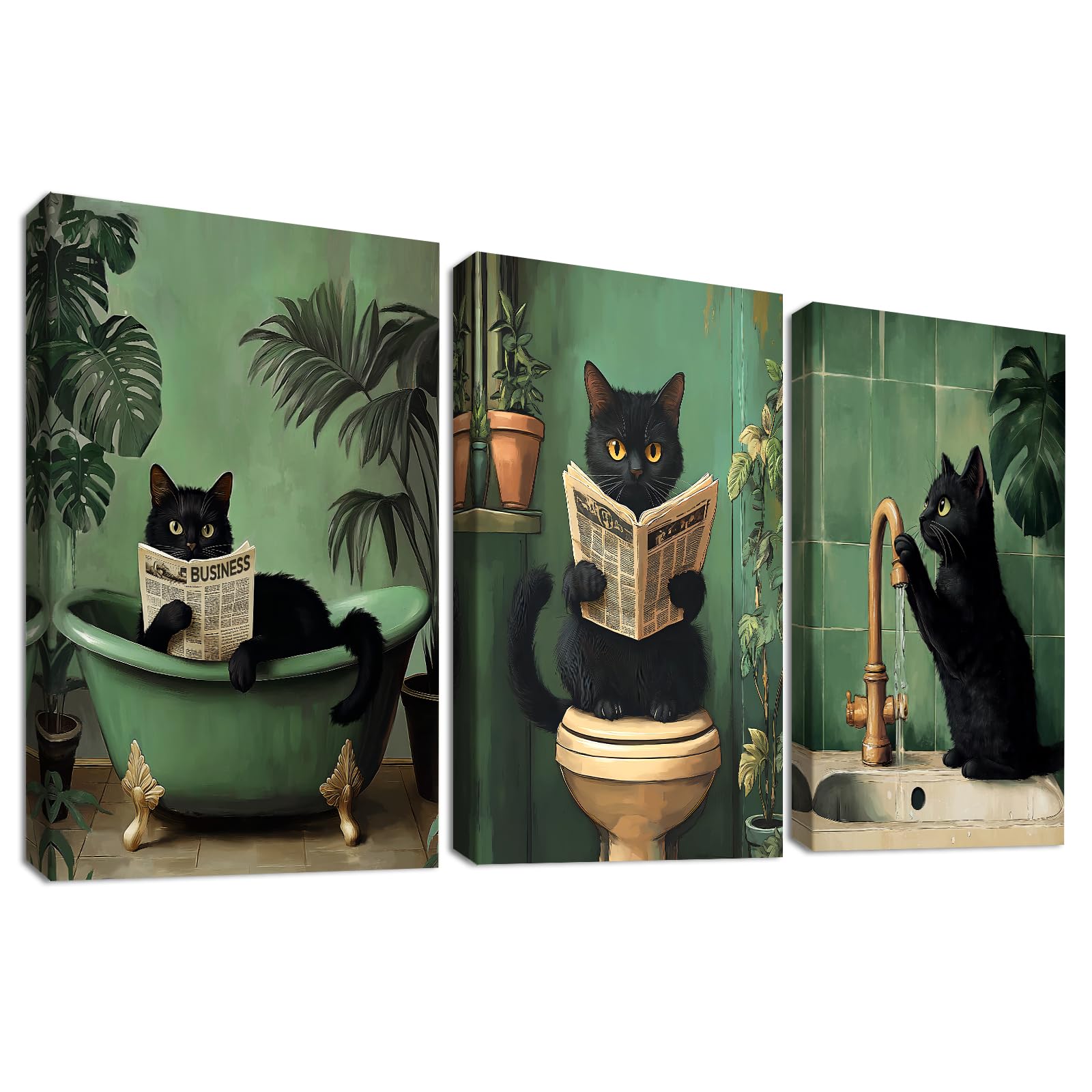 3 Pcs Wooden Framed Canvas Wall Art Funny Black Cat Canvas Prints Green Plants Kitten Cat Reading the Newspaper on Toilet Painting Animals Humor Pictures Bathroom Toilet Wall Decor 40x60 cm x3pcs