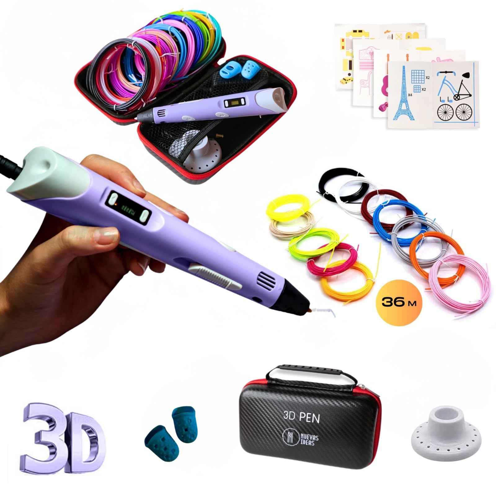 Boligrafo 3D niños - Lápiz 3D - Filamento pla - Pantalla LCD - Plantillas para pintar - Temperatura y velocidad ajustable - CON BOLSA DE TRANSPORTE