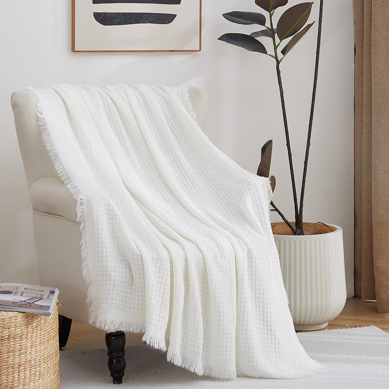 AORISSI 100% Acrylic Decorative Knitted Throw Blanket with Fringes for Bed, Couch, Chairs, Small, Lightweight, Soft, Cozy, Waffle Textured Blanket,