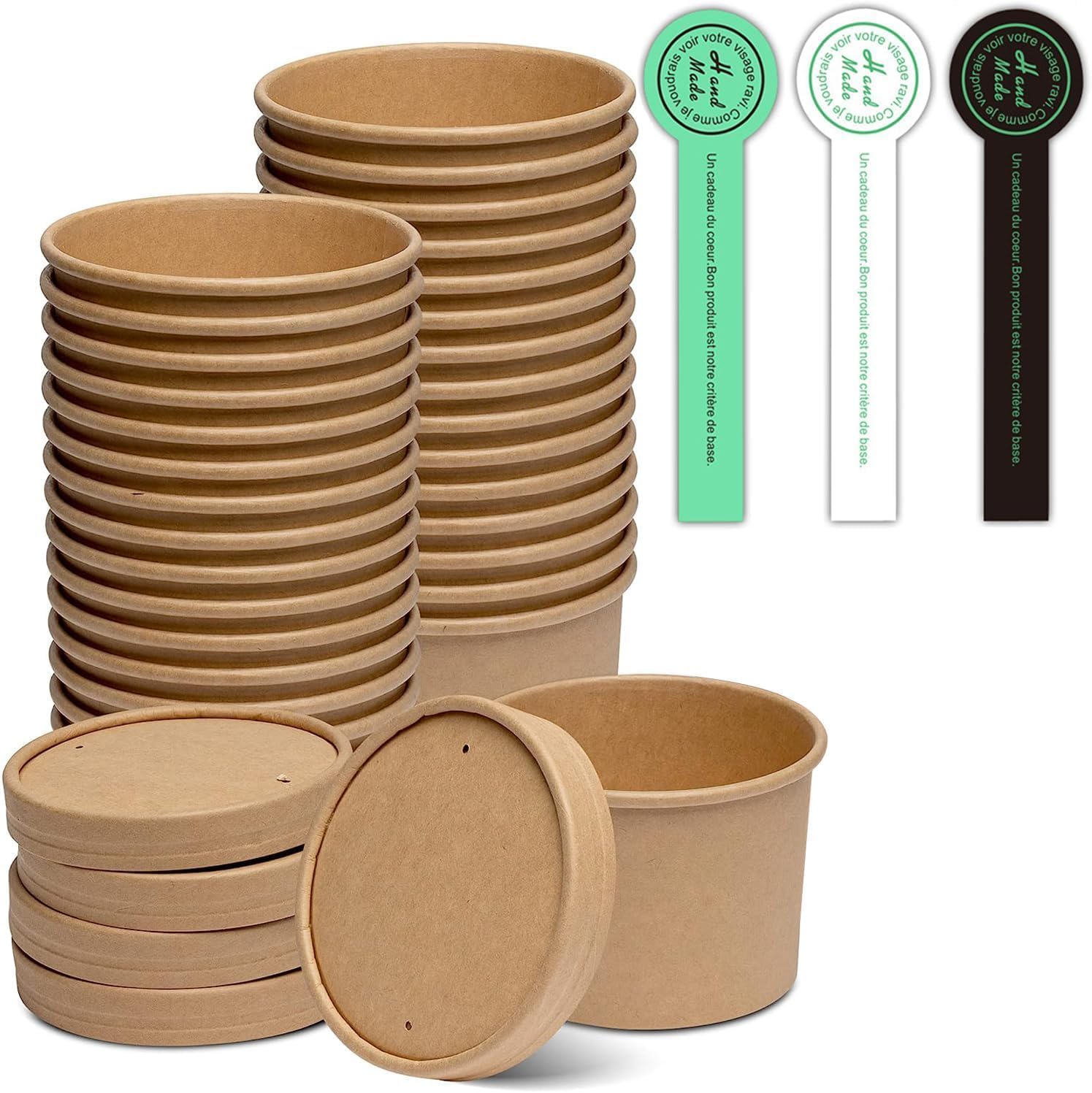 [25 Sets - 12 oz] Kraft Paper Food Soup Containers with Vented Lids, Microwavable Disposable Food Soup Bowls, to Go Hot Soup Bowls, Great for Restaurants - Extra 30 Hand Made Self-Adhesive Labels
