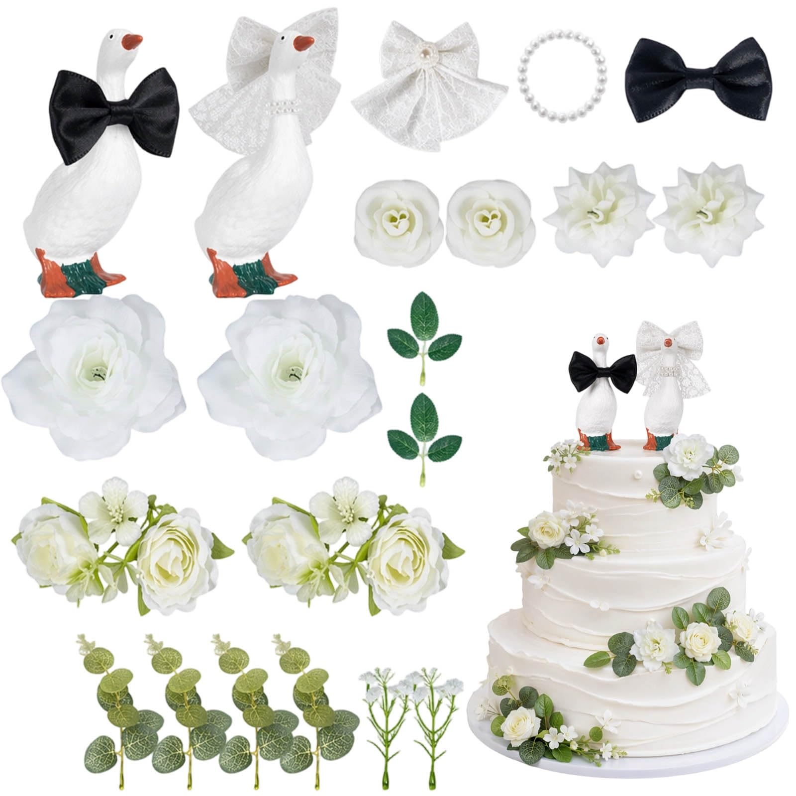 Wedding Cake Toppers, Bride and Groom Cake Topper Set, Duck Figurines for Wedding Cakes, Anniversary Celebration Decor, 22Pcs Goose Cake Decoration Collection