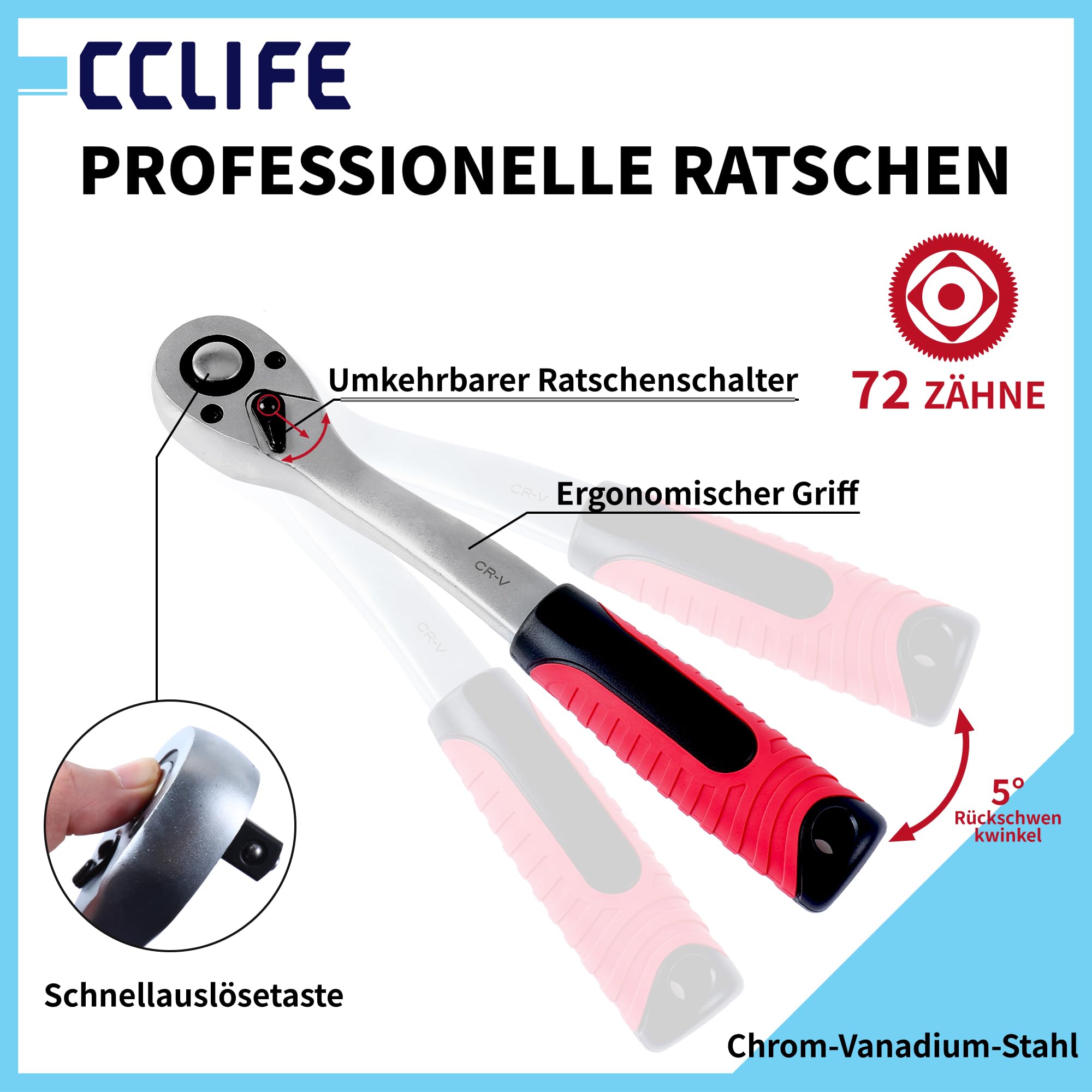 CCLIFE Set di chiavi a bussola da 110 pezzi, 1/4" e 1/2" con bussole, punte ed estensioni per casa e auto in robusta valigetta degli attrezzi