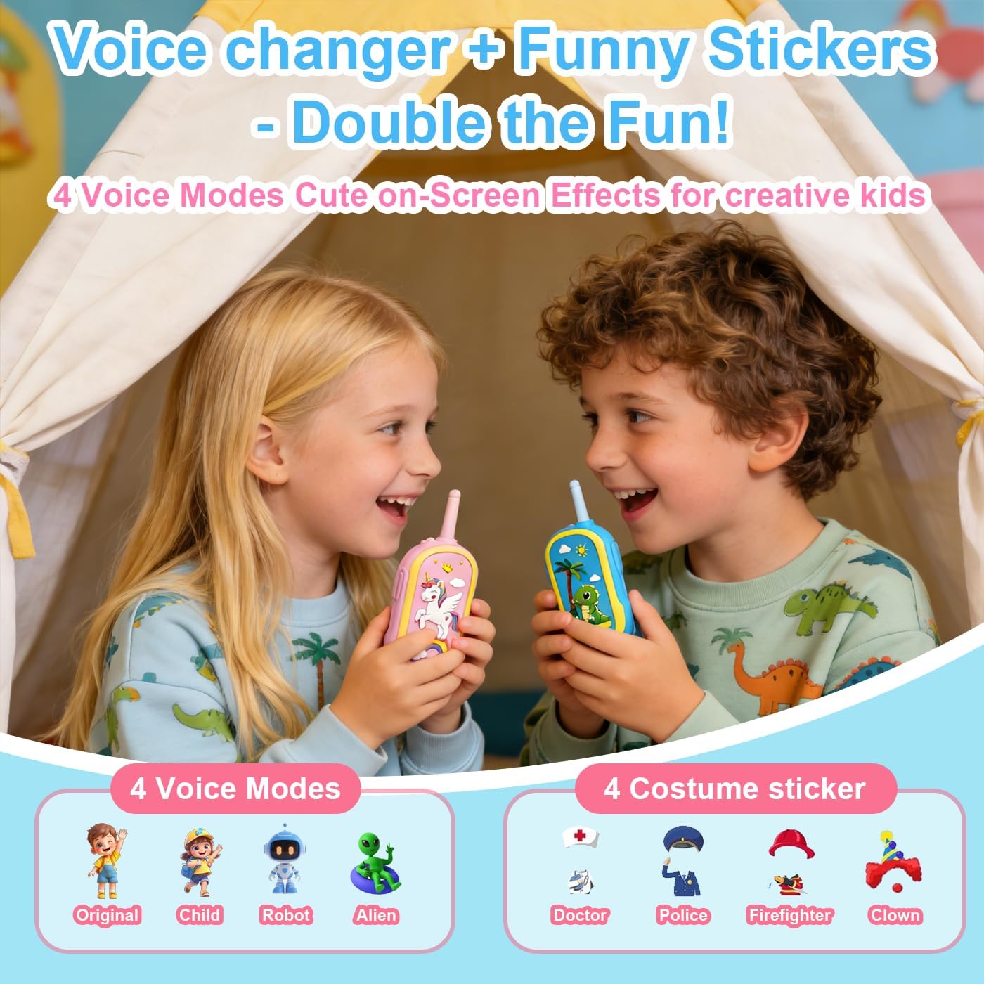 2PCS Video Walkie Talkies for Kids Camping Toys Spy Gear Outdoor Games for Family Hide and Seek Spy Role Play ABS Rechargeable Long-Range HD Camera Voice Changer Toy - Blue/Pink 136x56x26mm