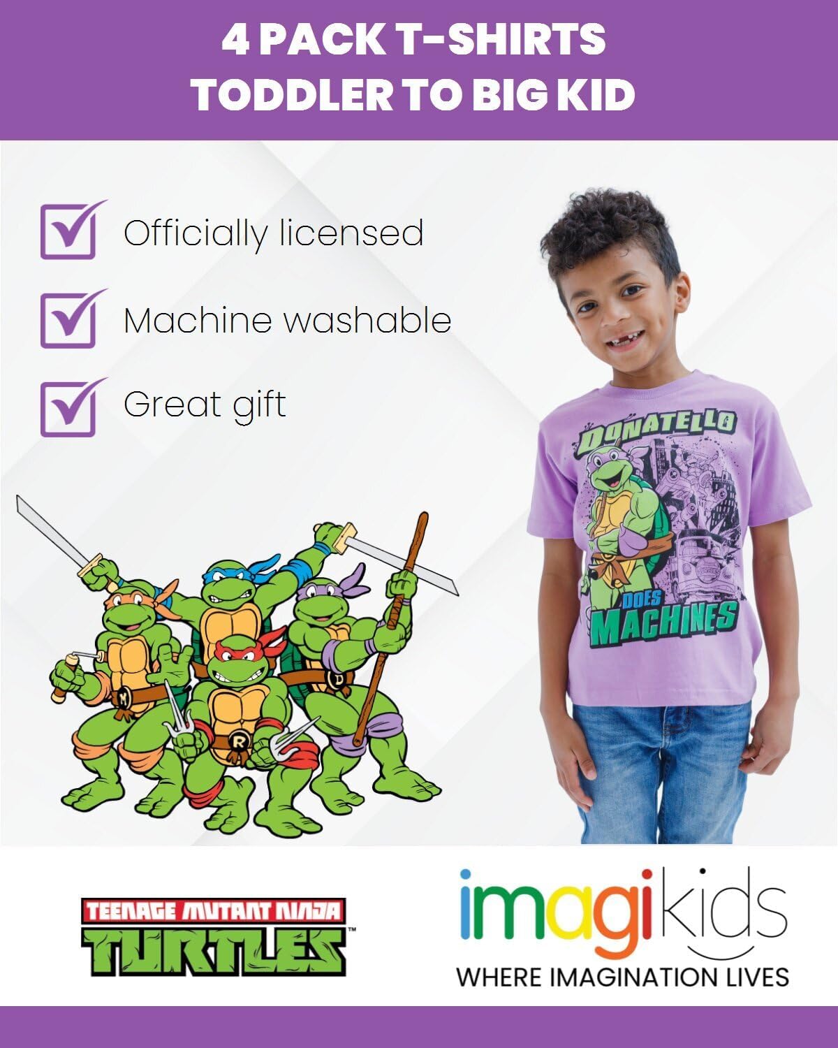 Teenage Mutant Ninja Turtles Leonardo Michelangelo Raphael Donatello 4 Pack T-Shirts Toddler to Big Kid