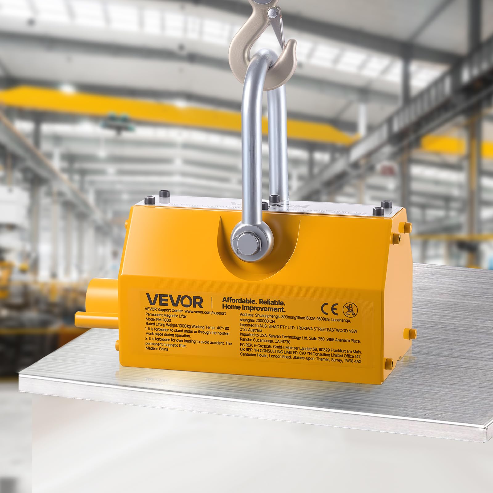 VEVOR Imán de Elevación, Elevador Magnético Permanente de 1000 kg de Fuerza de Tracción con Asa de Liberación y Gancho de Acero, Herramienta para Levantar Placas y Tableros de Acero en Polipastos