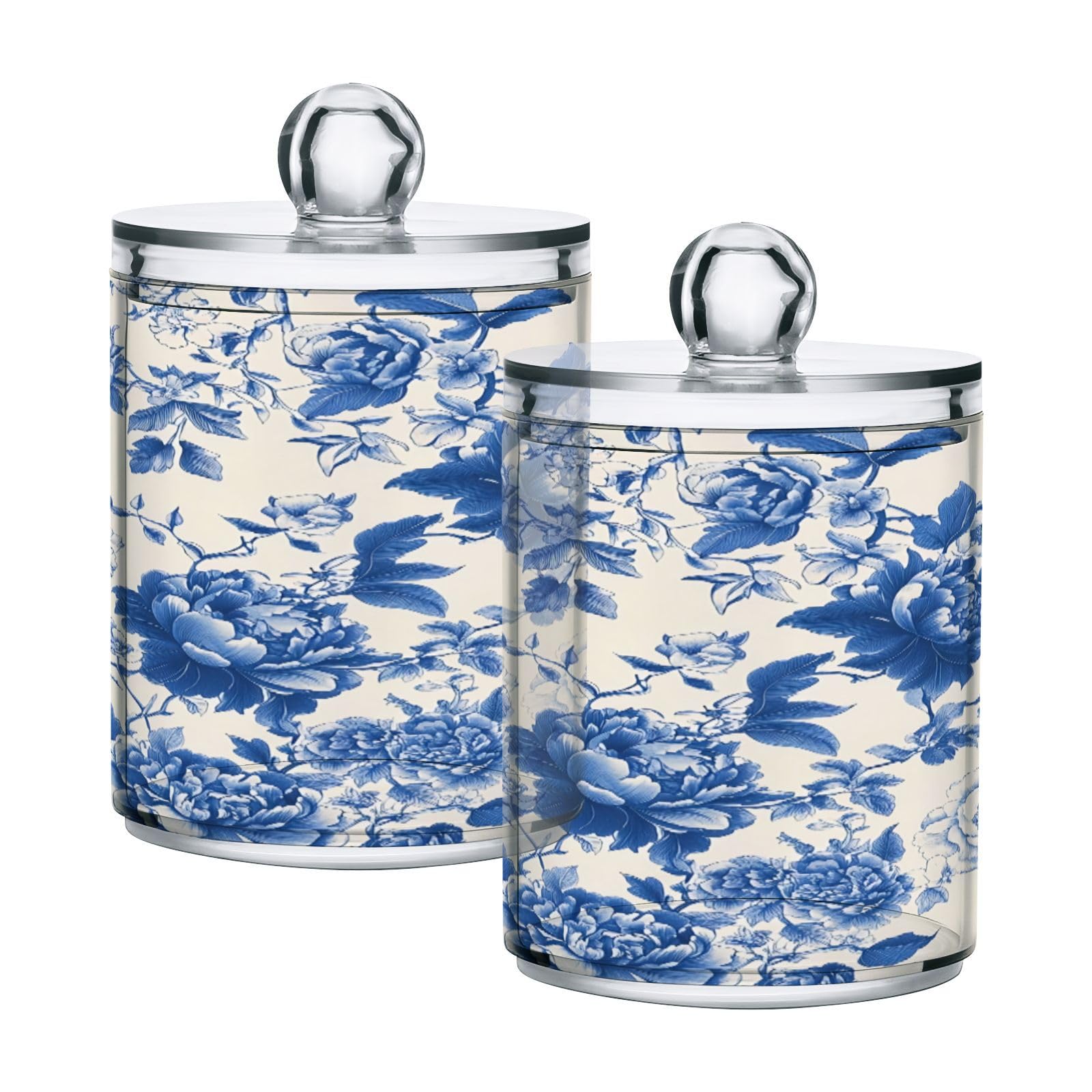 STAYTOP 2PCS Blue Retro Flower Qtip Dispenser Apothecary Jars Bathroom with Labels - Qtip Holder Storage Canister Clear Plastic Acrylic Jar for Cotton Ball,Cotton Swab,Coffee Bean