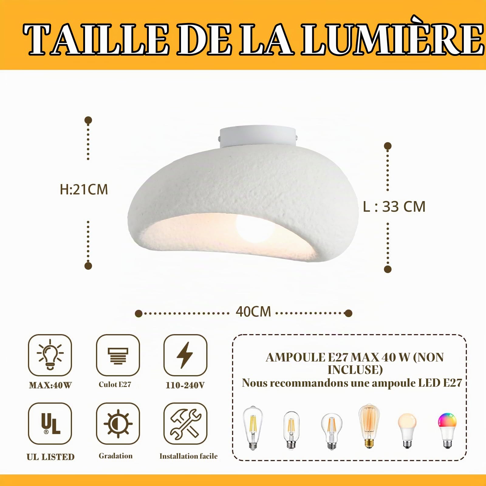 Plafonnier wabi sabi, E27 plafonnier d'éclairage japonais pour cuisine îlot chambre salle à manger couloir (A,40CM)