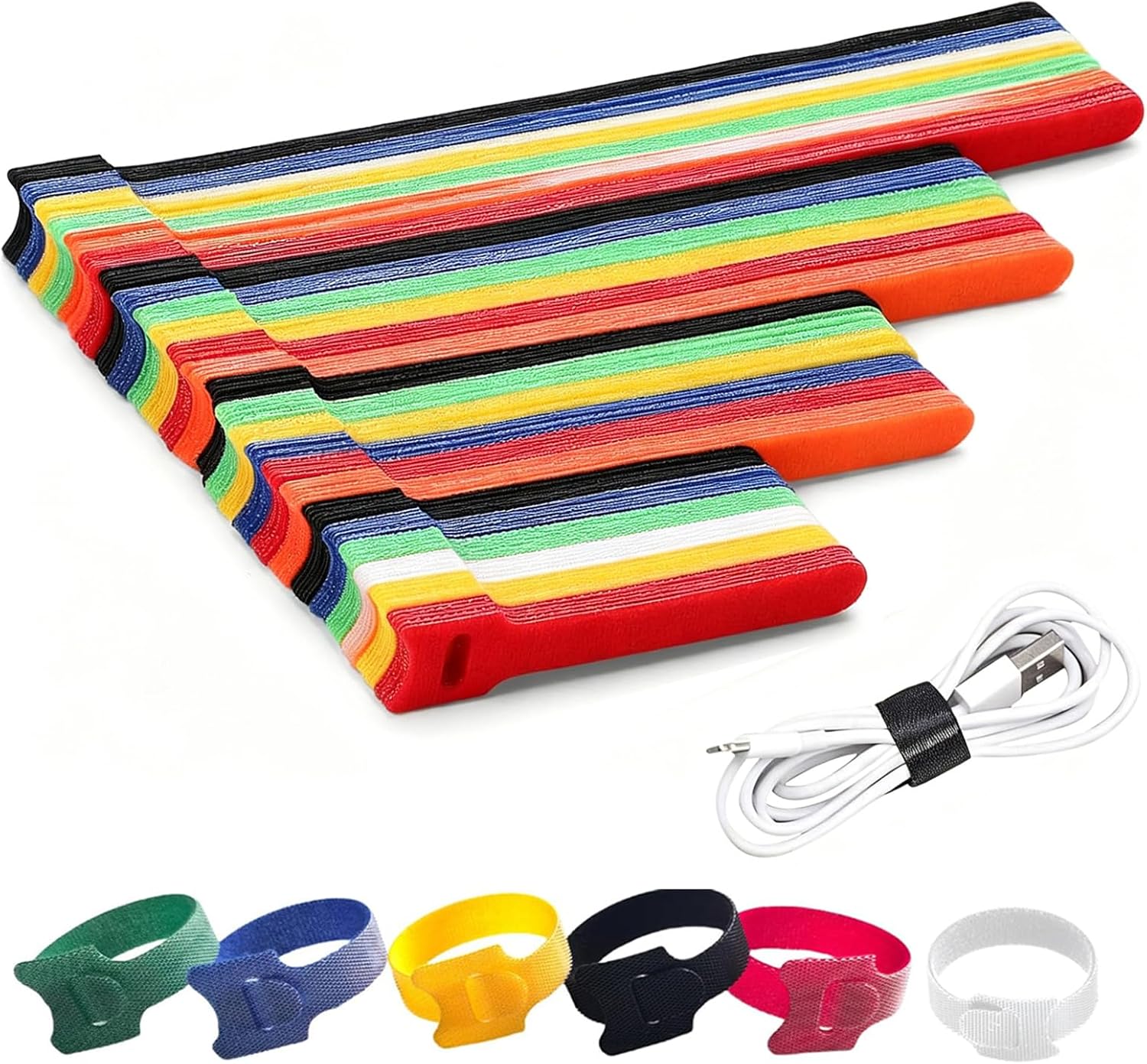 Wrrozz Zip Ties Assorted Sizes 140 PCS Reusable Cable Ties 4+6+8+10 inch | Adjustable Cord Organizer, Multi-purpose hook & loop cord wraps, ideal for organizing, cord organization, cable management