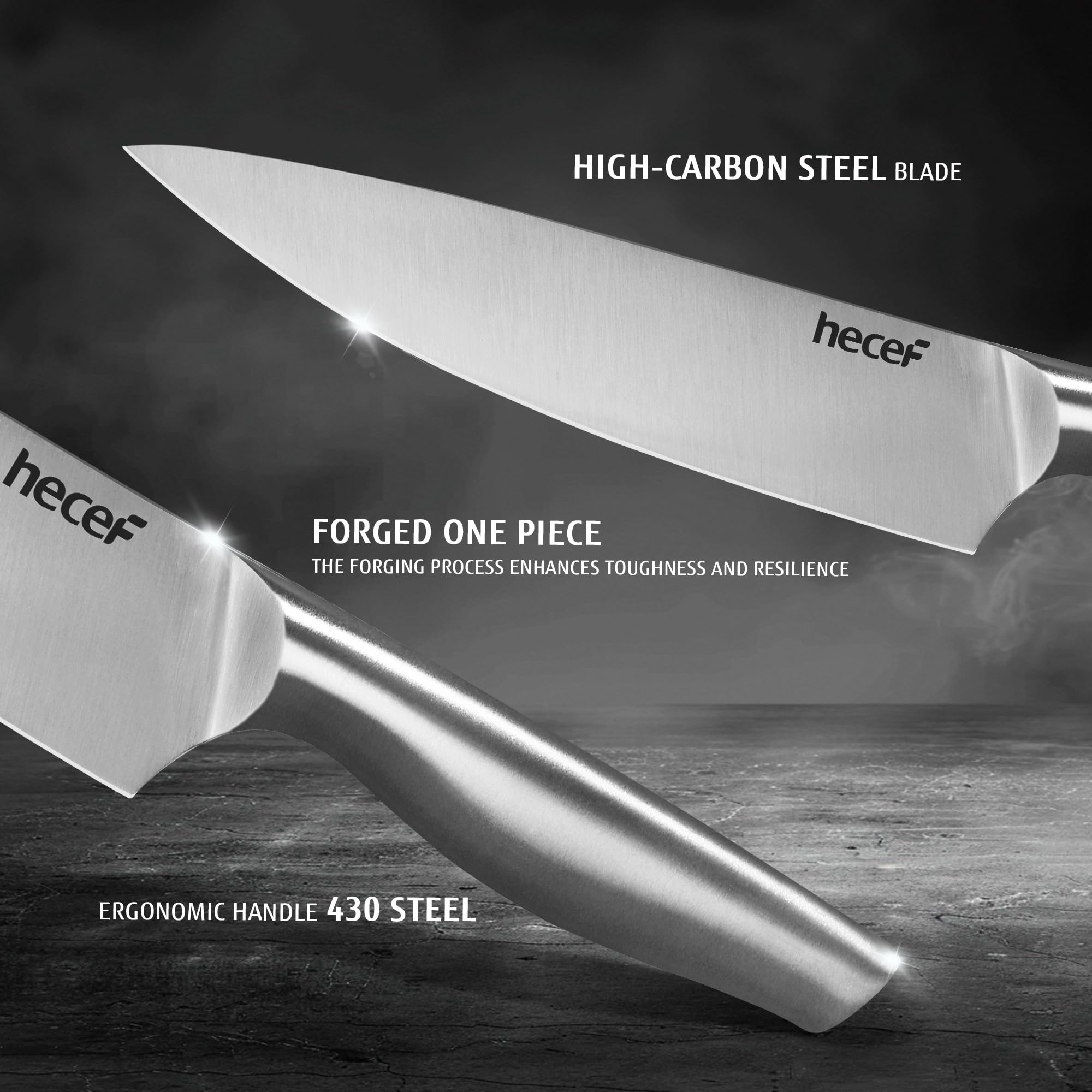 hecef Set Coltelli da Cucina con Ceppo In Legno, 6 Pezzi Coltello da Cucina da Acciaio Inox, Ceppo Coltelli con Mensola per Tagliere, Nero